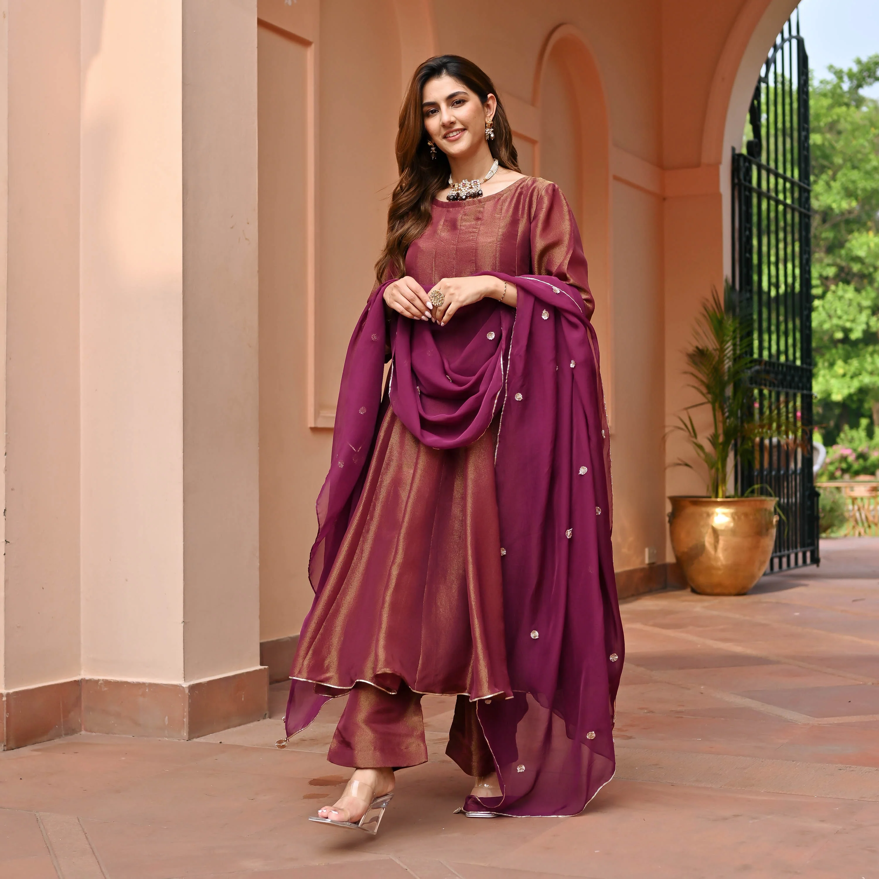 Maroon Tissue Silk Suit Set - Woolfily