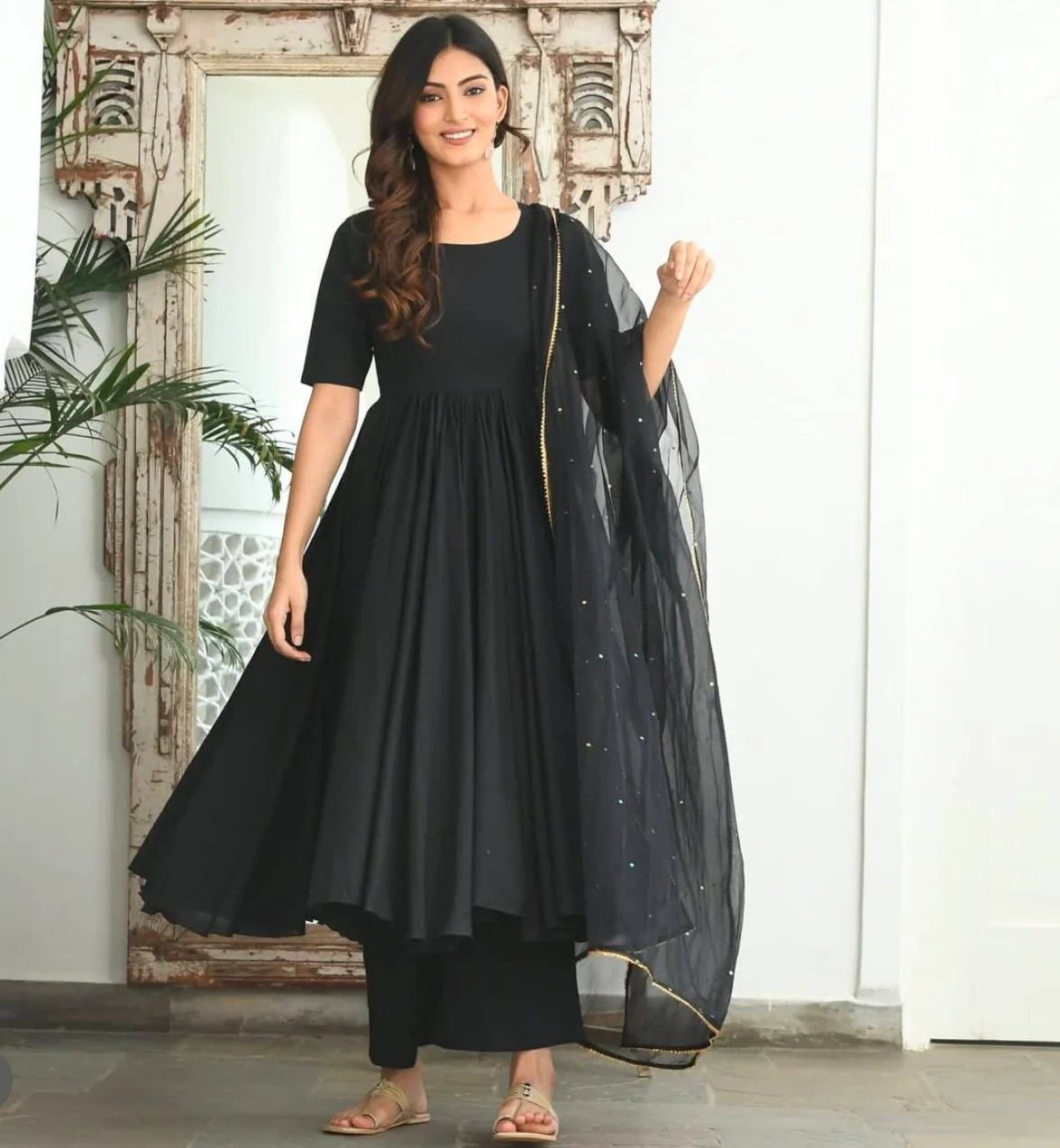 Black Sequin Cotton Suit Set - Woolfily