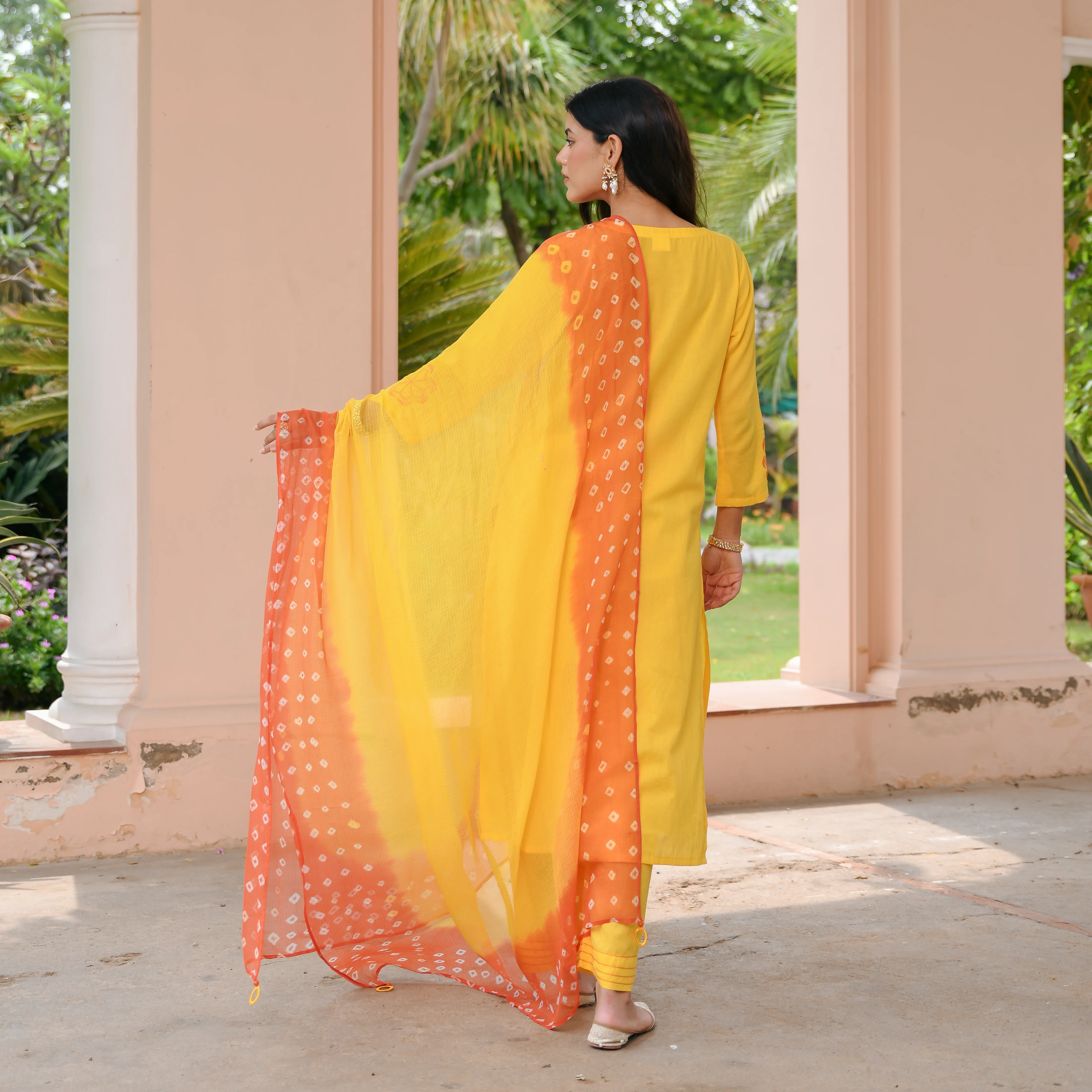 Yellow Bandhej Cotton Suit Set - Woolfily