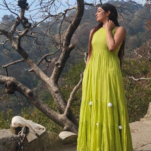 Bunaai Parrot Green Pompom Dress - Woolfily