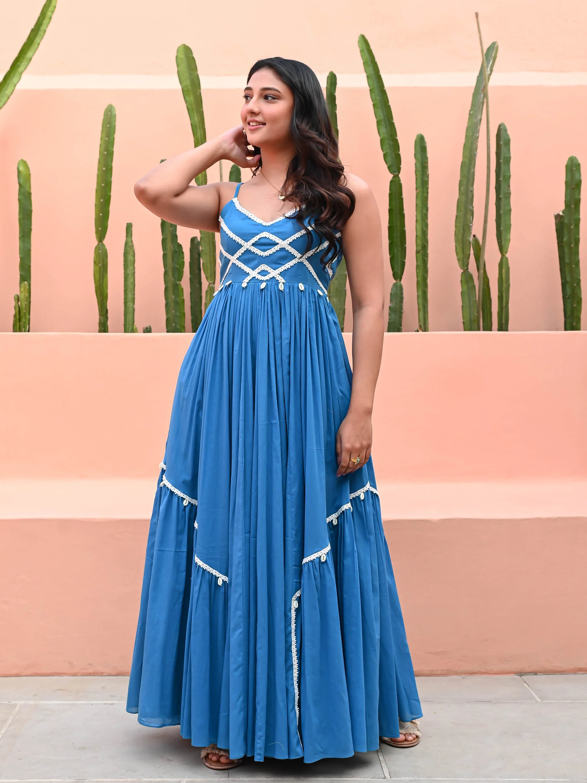 Light Blue Cotton Dress with Lace - Woolfily