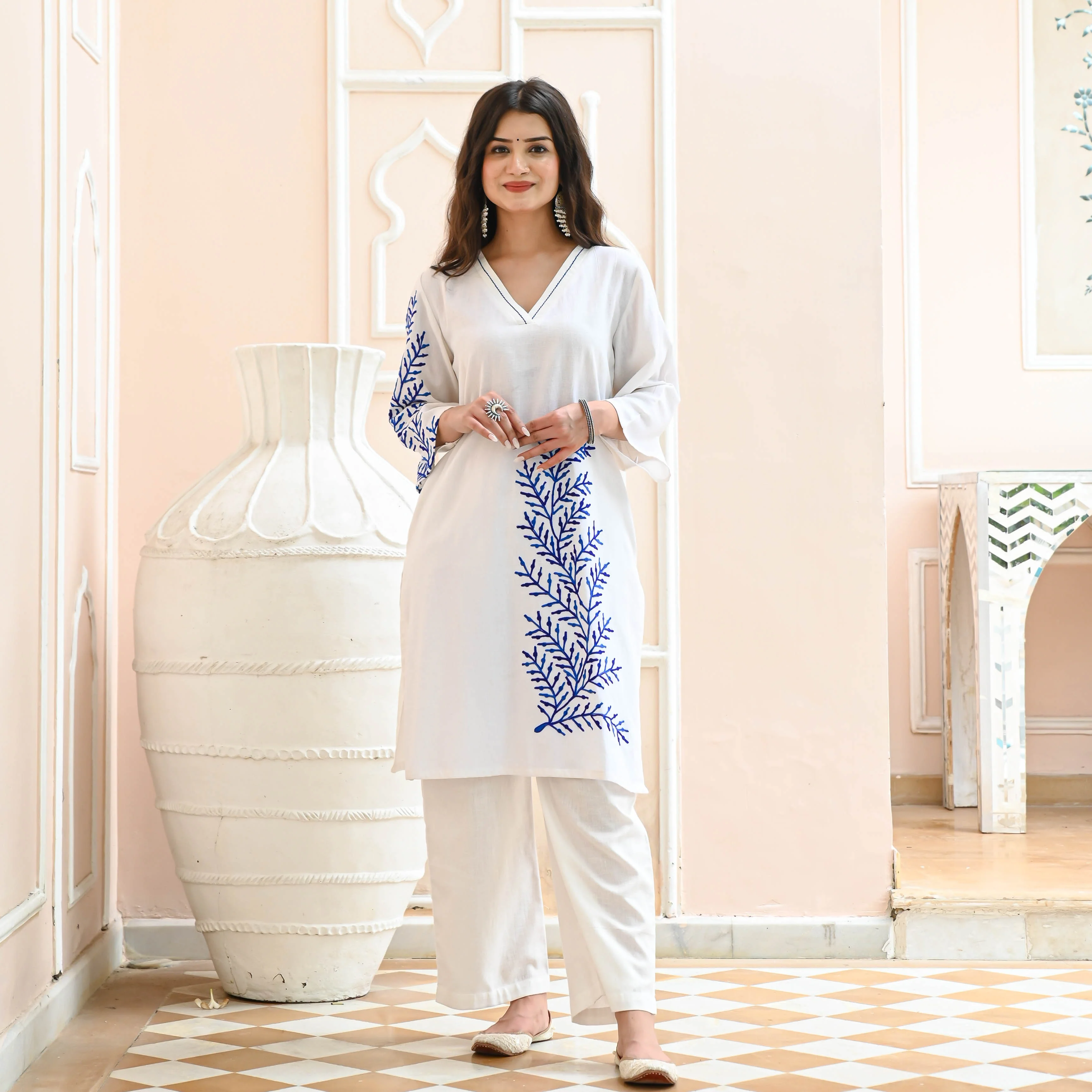 Bunaai White Blue Embroidered Co-ord Set - Woolfily