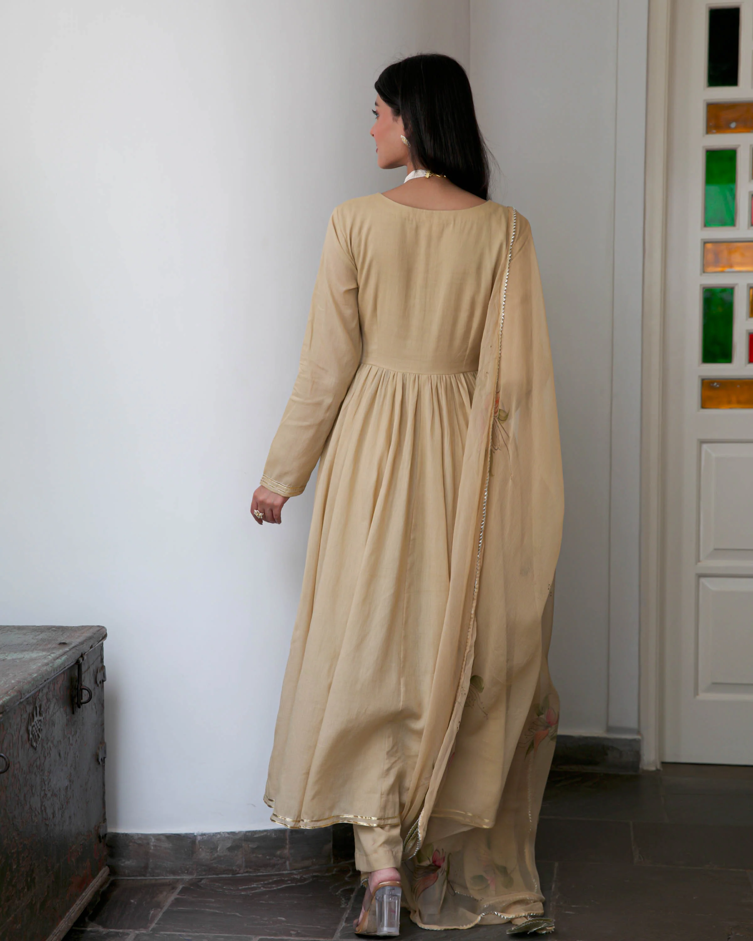 Beige Suit Set with Handpainted Dupatta - Woolfily