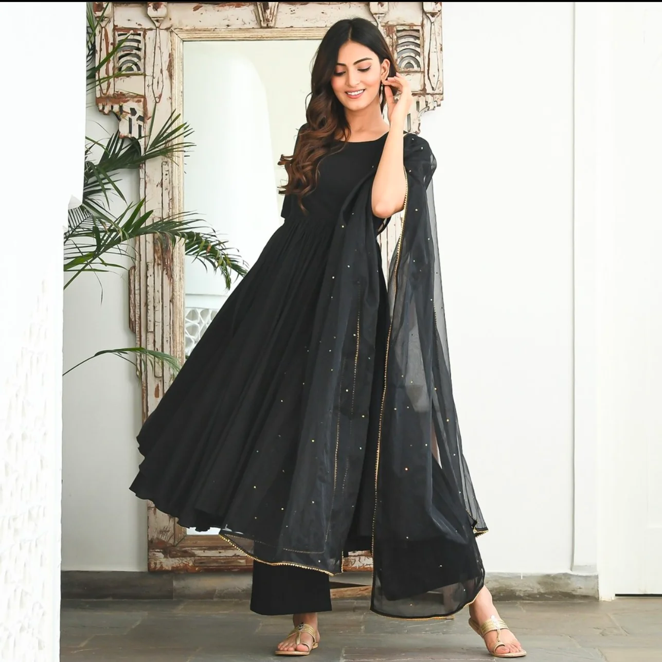 Black Sequin Cotton Suit Set - Woolfily