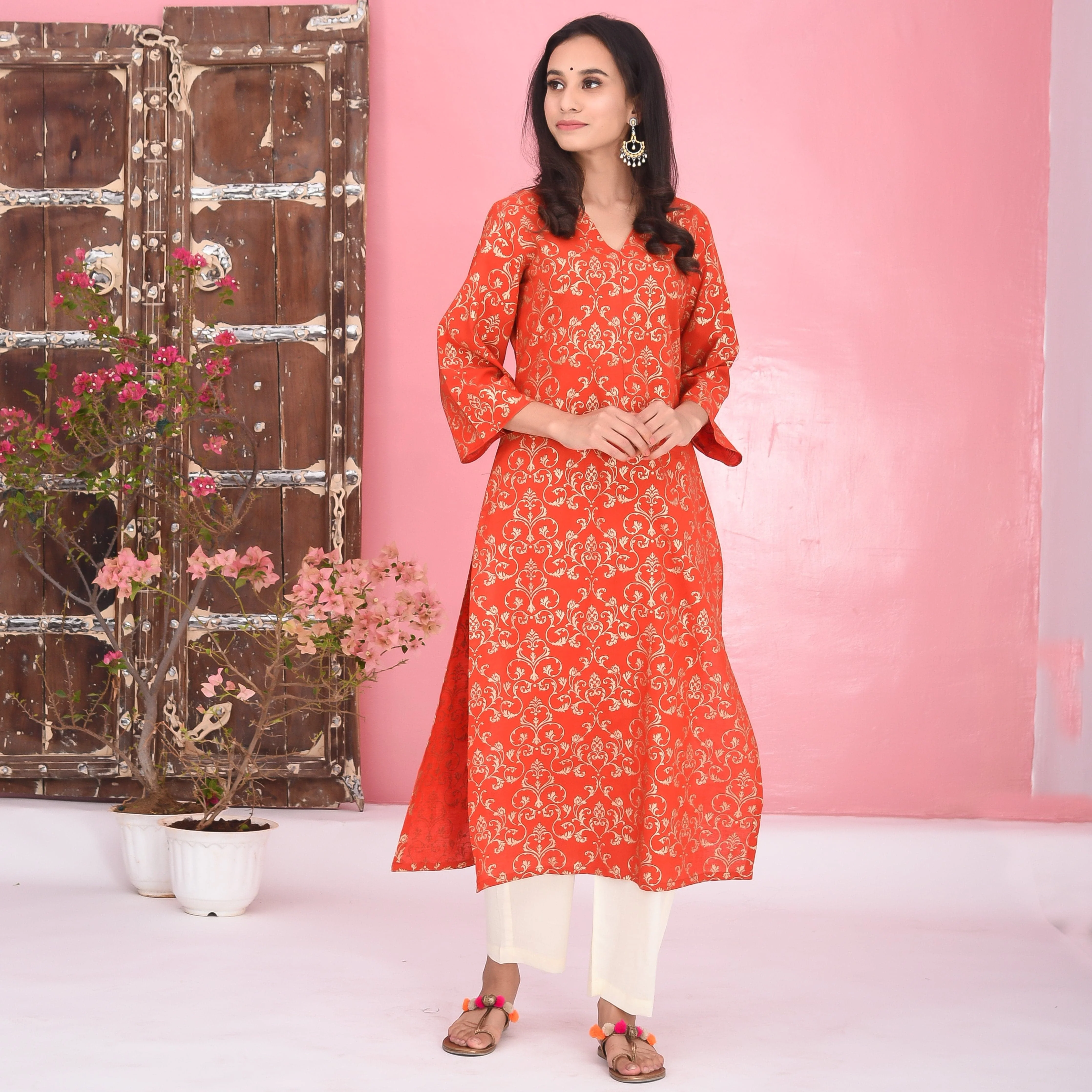 Red Cream Cotton Kurta - Woolfily