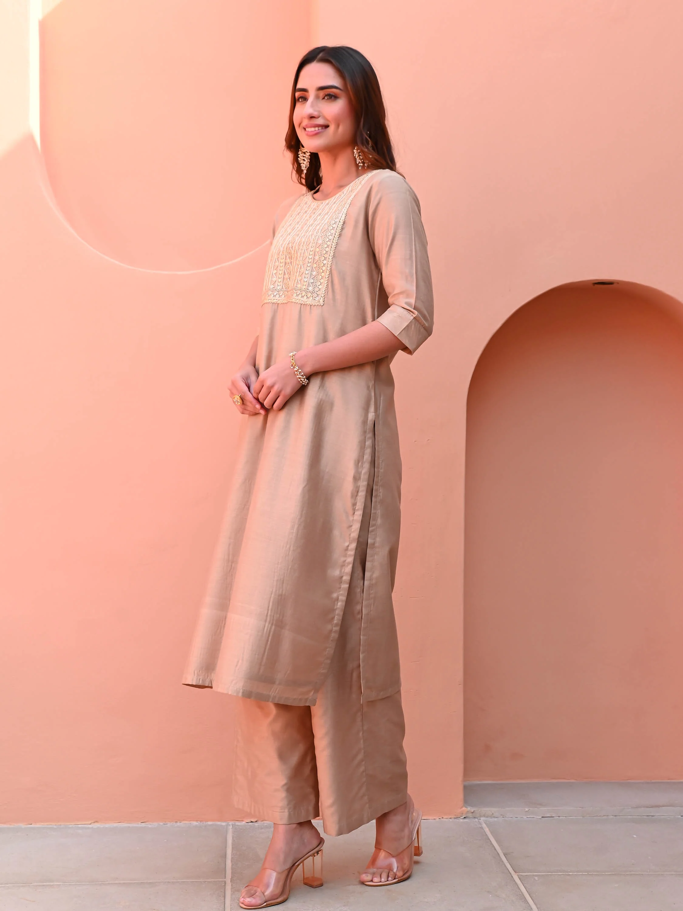 Beige Silk Kurta Set - Woolfily
