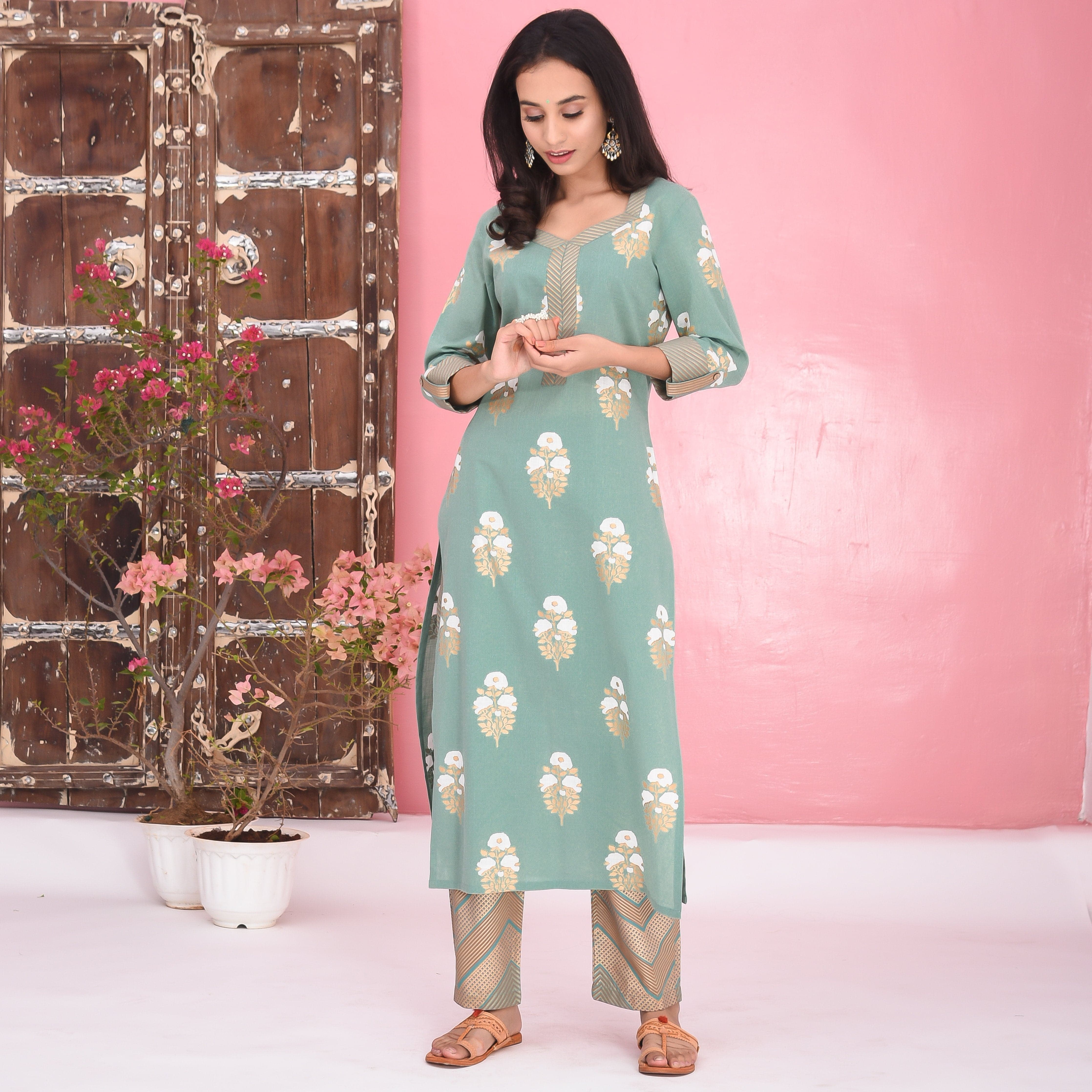 Bunaai Stripes Floral Cotton Kurta Set - Woolfily