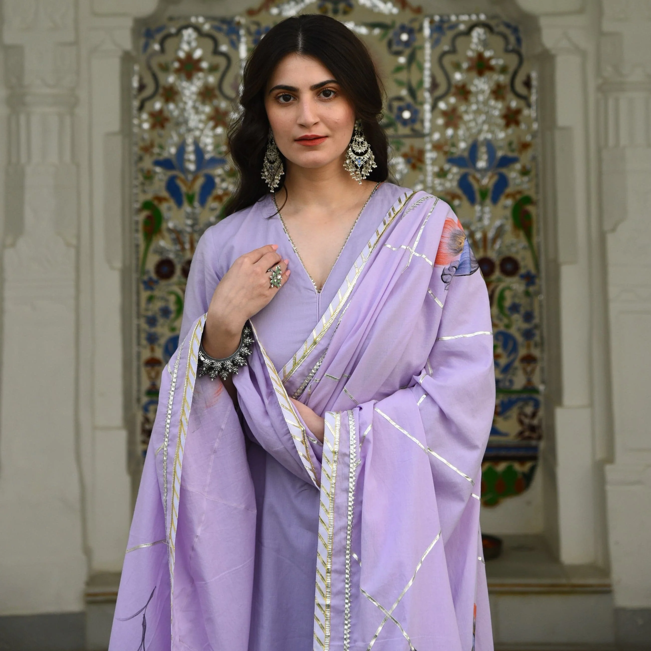 Bunaai Lilac Handpainted Dupatta Suit Set (Set of 3) - Woolfily
