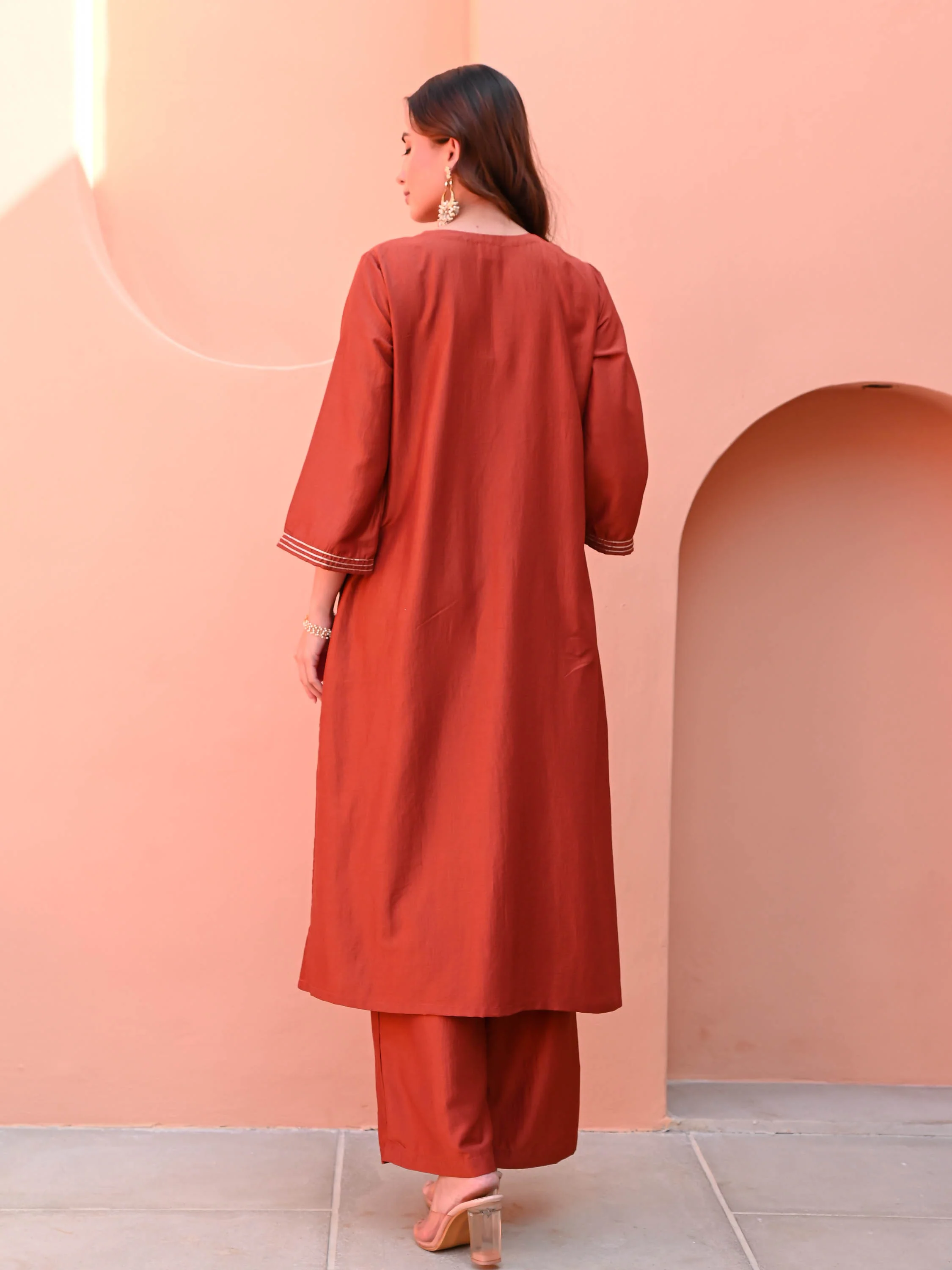 Burnt Orange Silk Kurta Set - Woolfily
