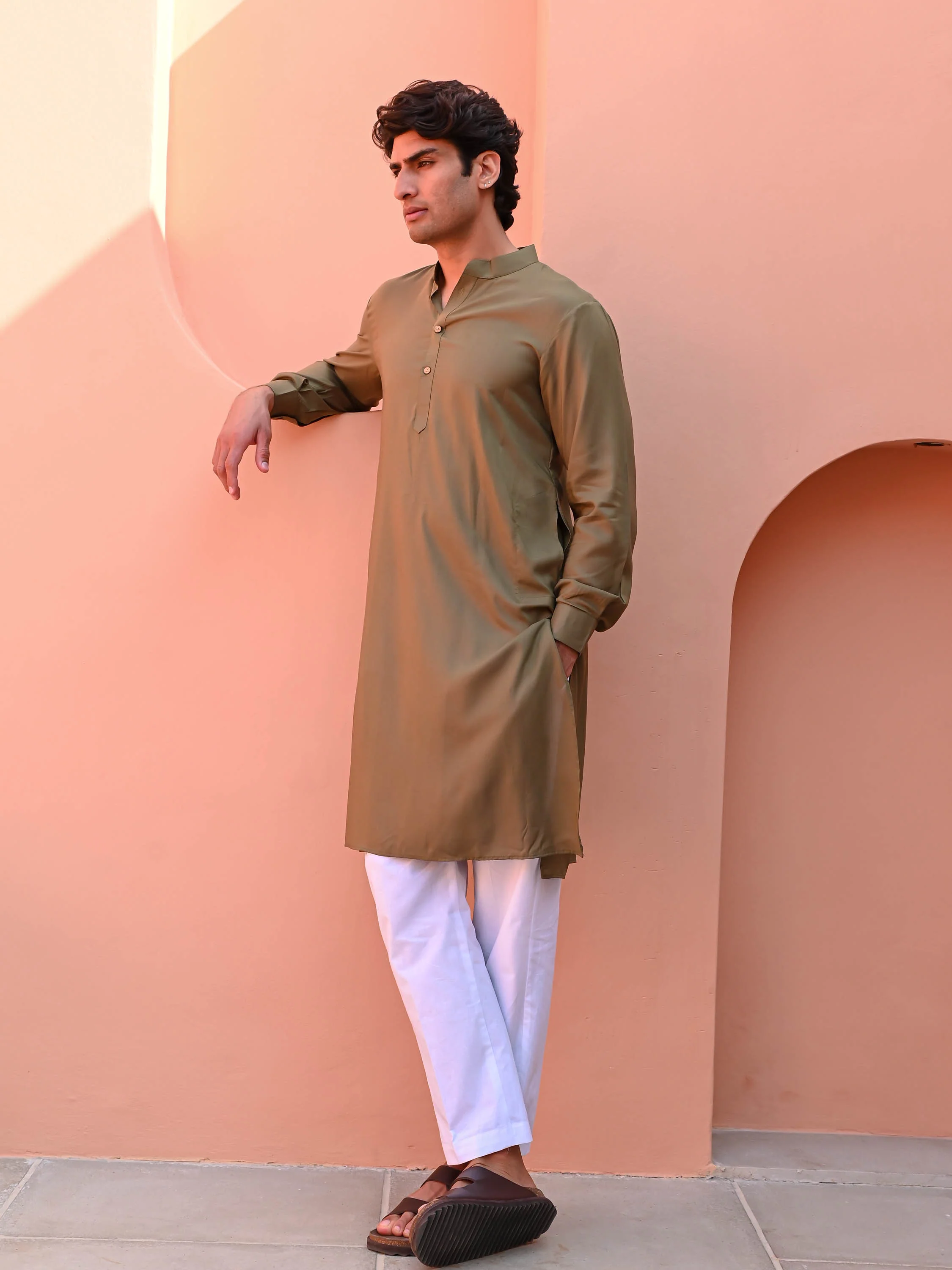 Dark Olive Men Long Kurta - Woolfily