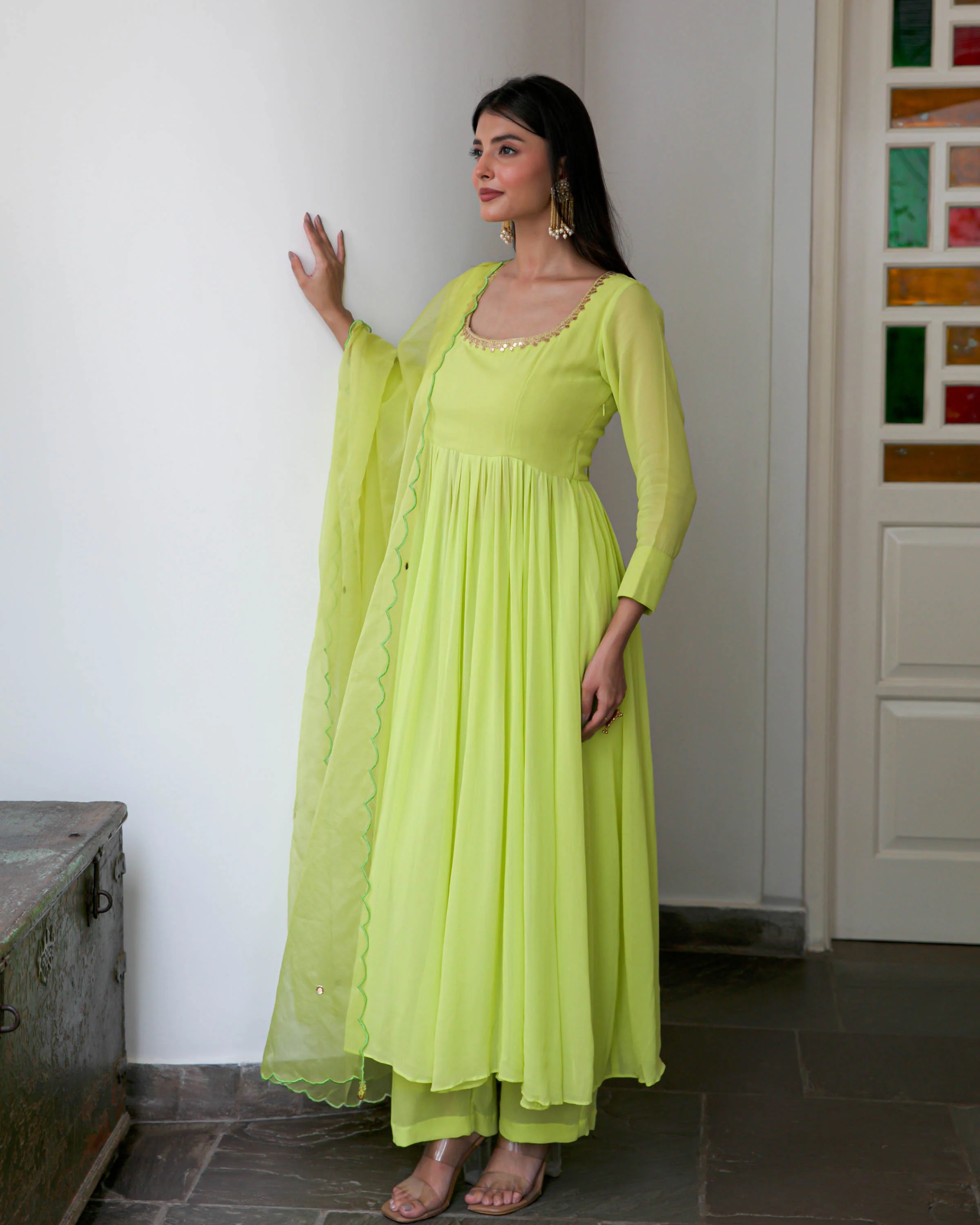 Lime Green Georgette Suit Set - Woolfily
