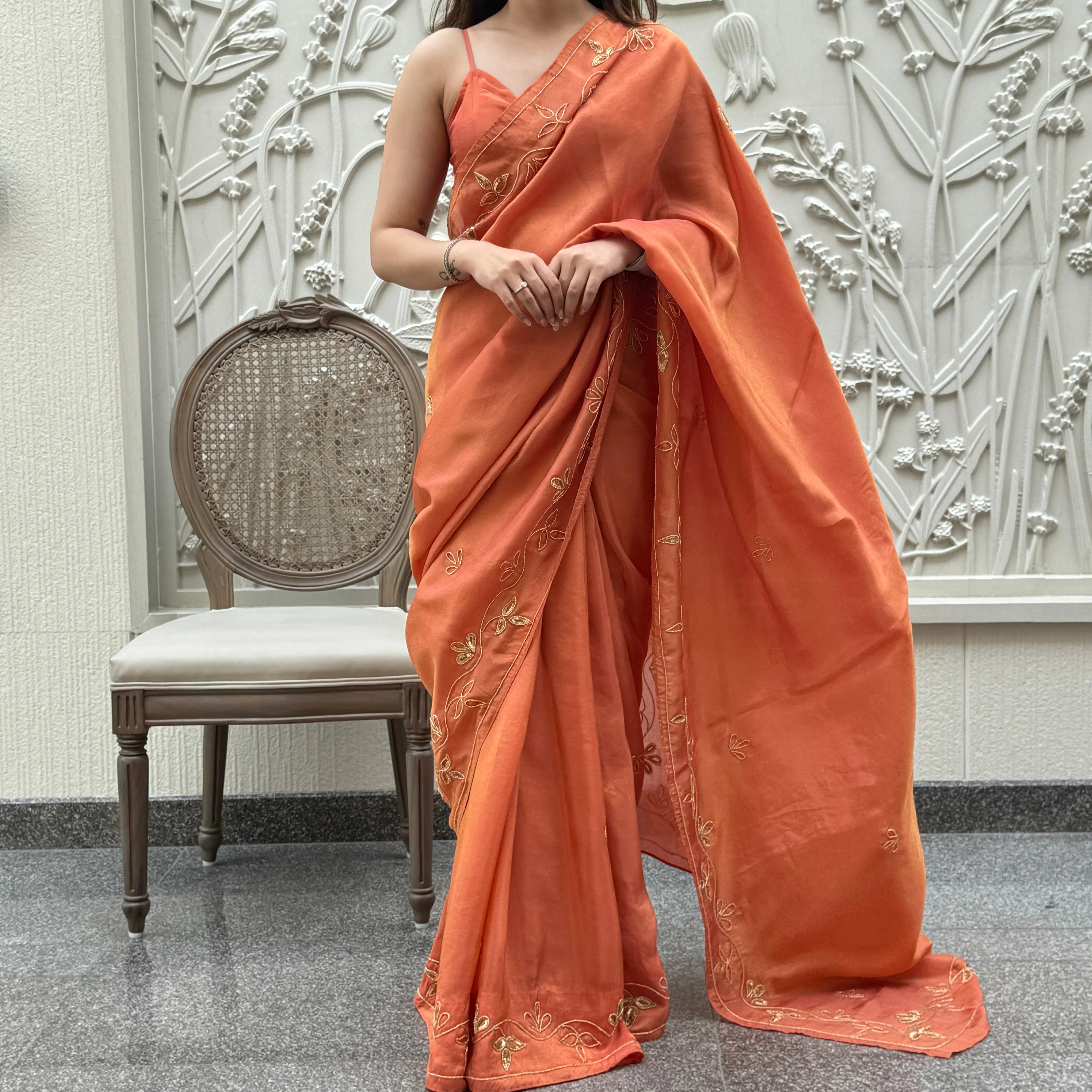 Bright Orange Tissue Saree - Woolfily