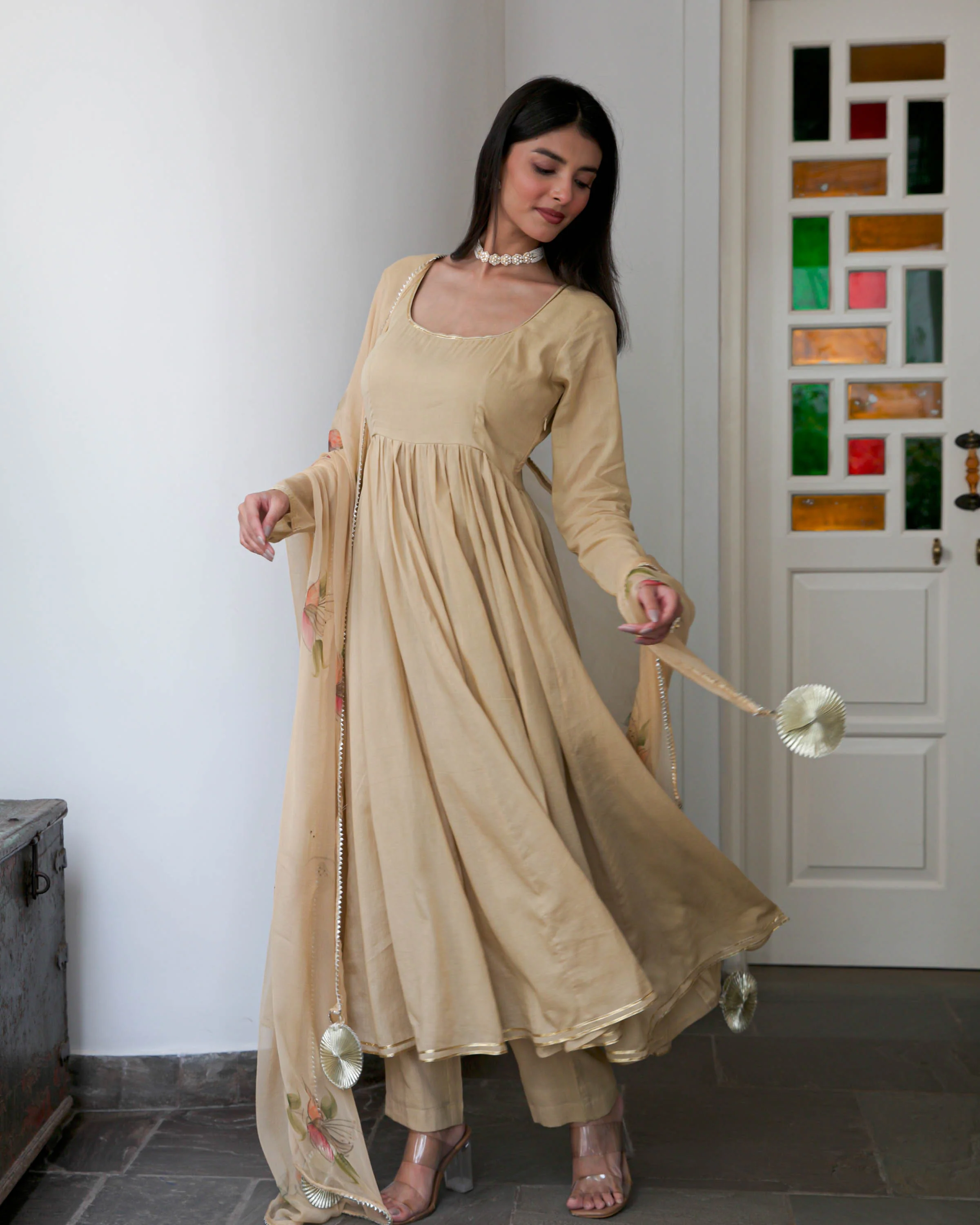 Beige Suit Set with Handpainted Dupatta - Woolfily