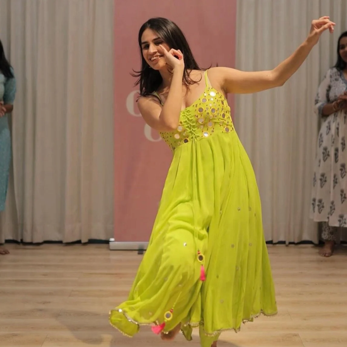 Bunaai Yellow Green Mirror Work Suit Set - Woolfily