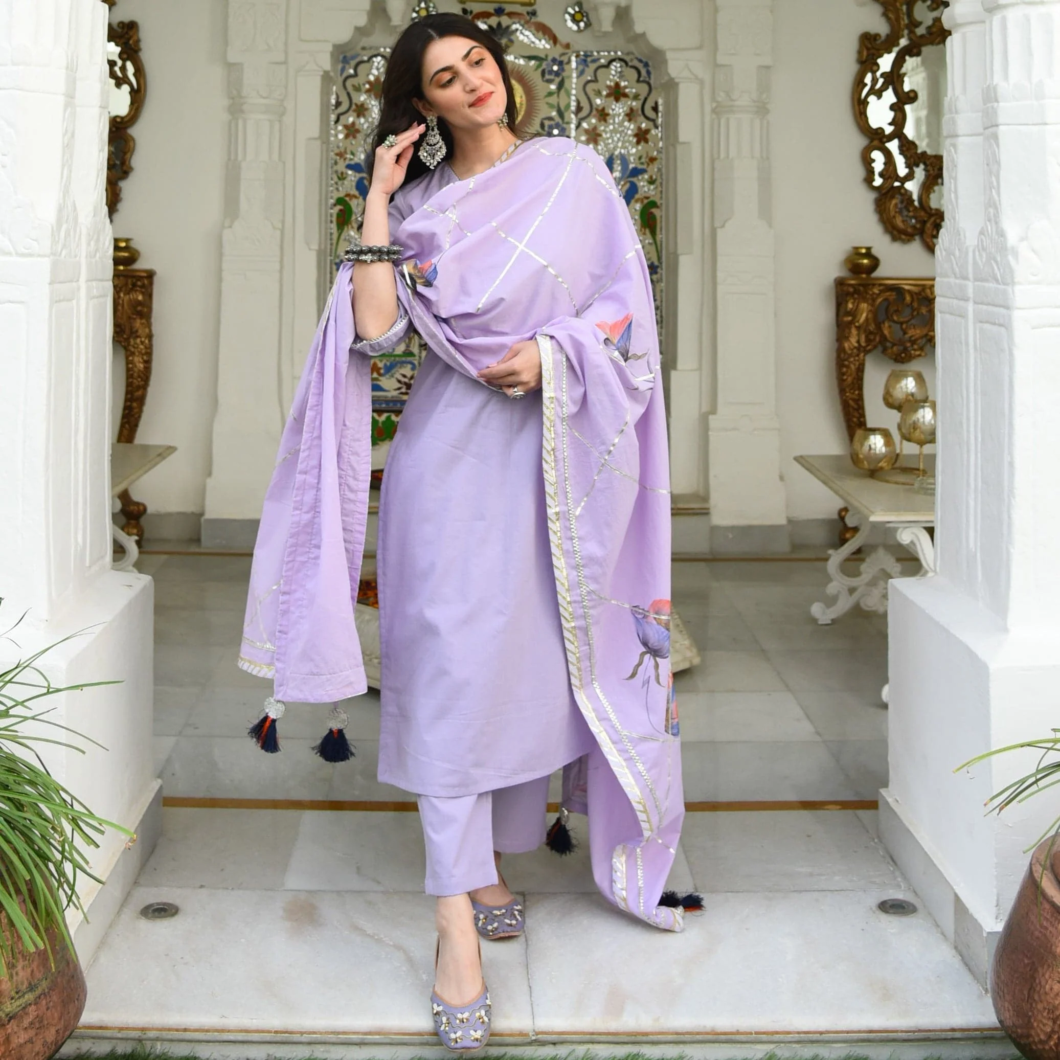 Bunaai Lilac Handpainted Dupatta Suit Set (Set of 3) - Woolfily