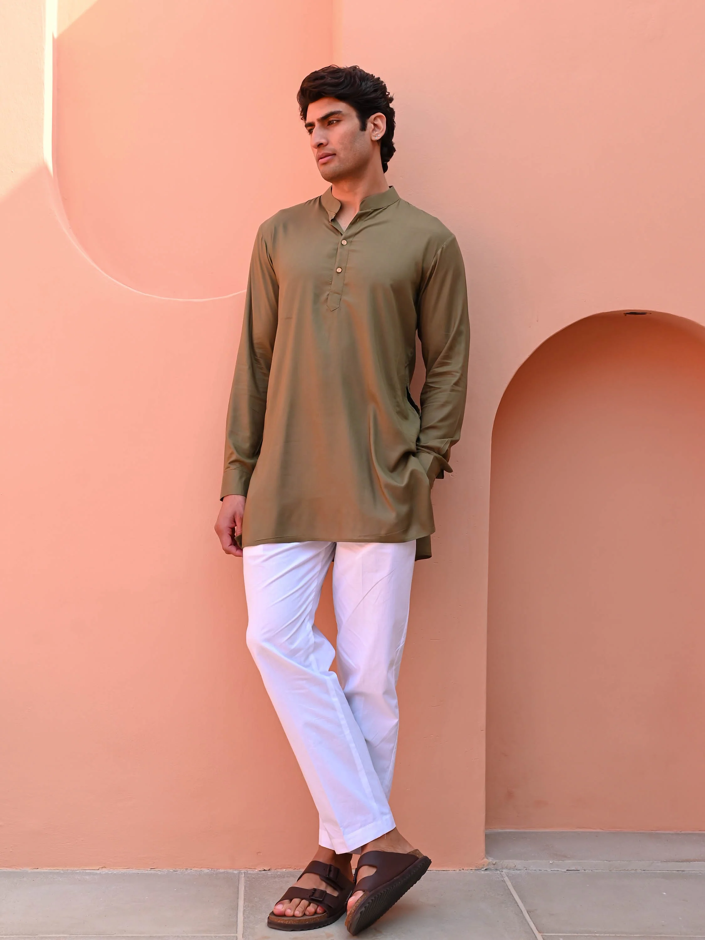 Rust Olive Men Short Kurta - Woolfily