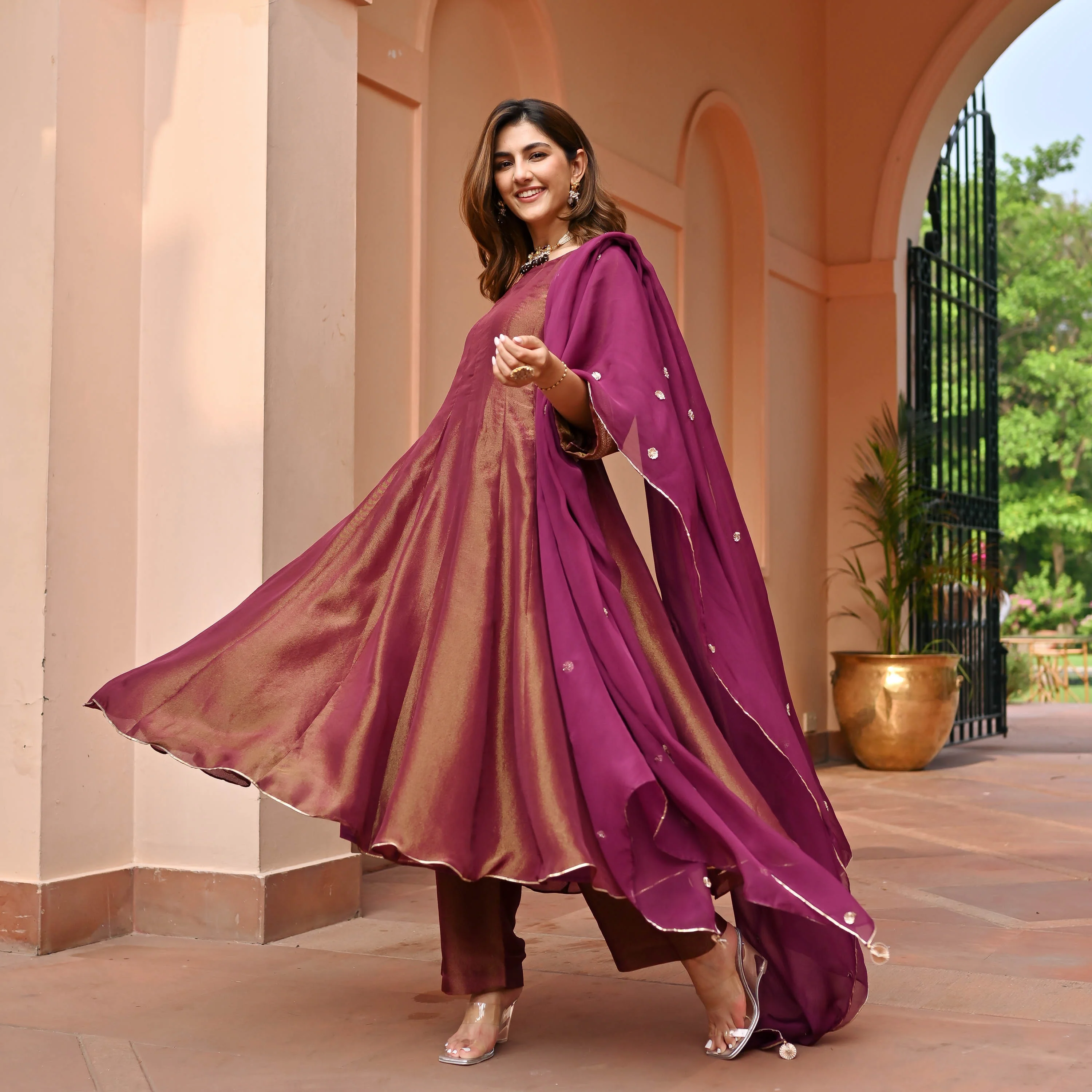 Maroon Tissue Silk Suit Set - Woolfily
