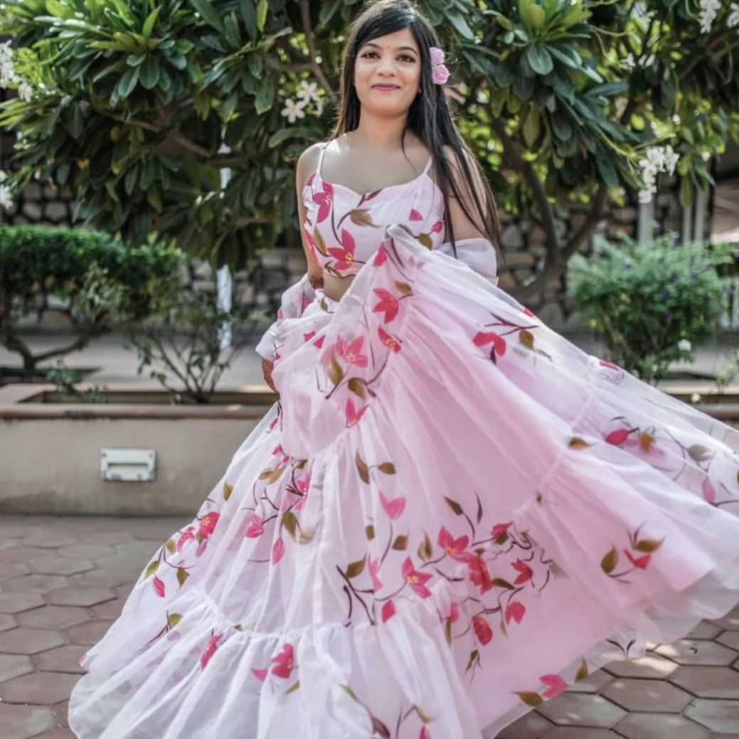 Bunaai Baby Pink Handpainted Lehenga Set - Woolfily