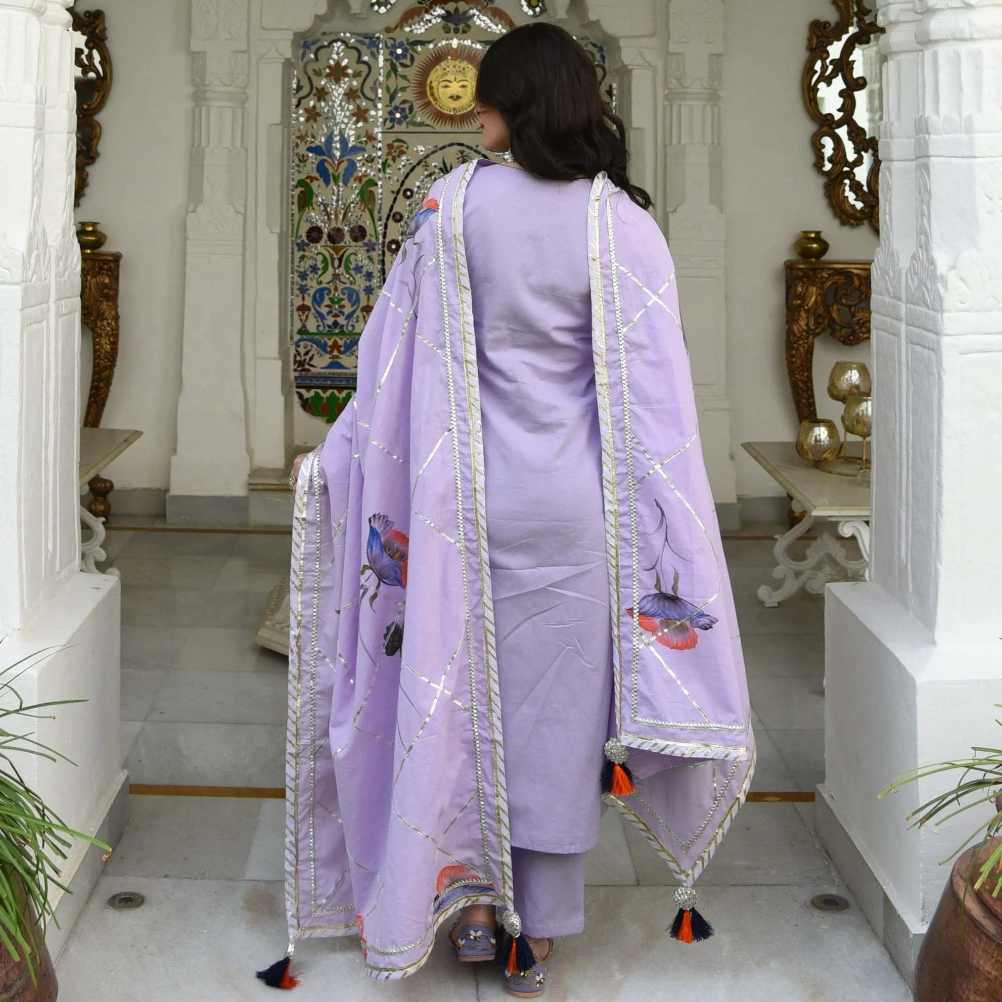Bunaai Lilac Handpainted Dupatta Suit Set (Set of 3) - Woolfily