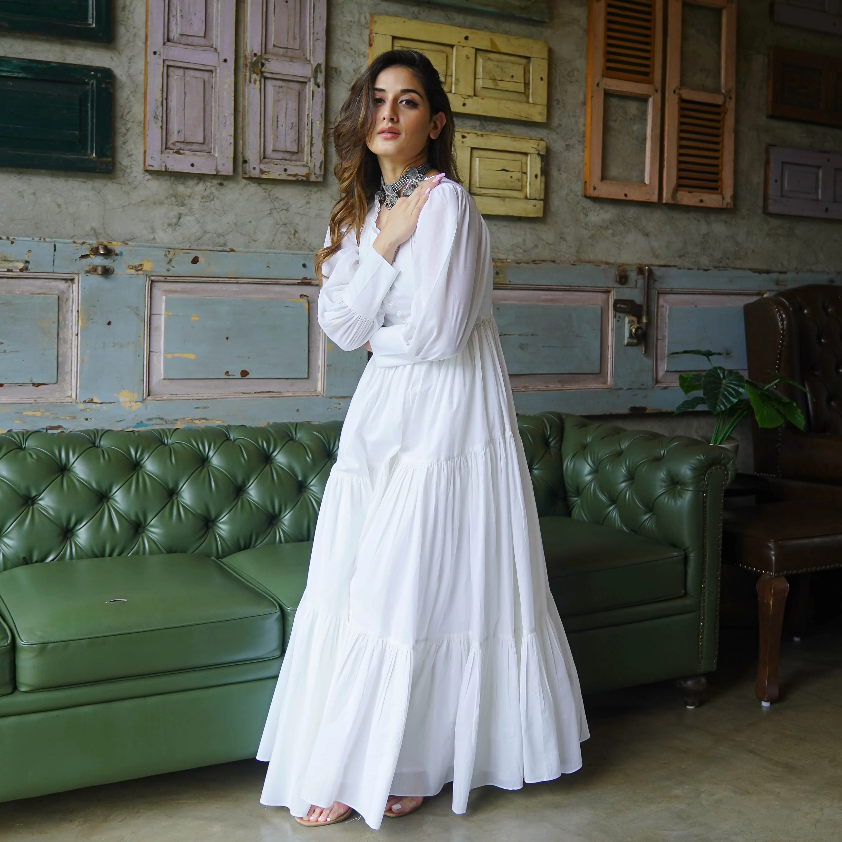 Bunaai Pure White Cotton Maxi Dress - Woolfily