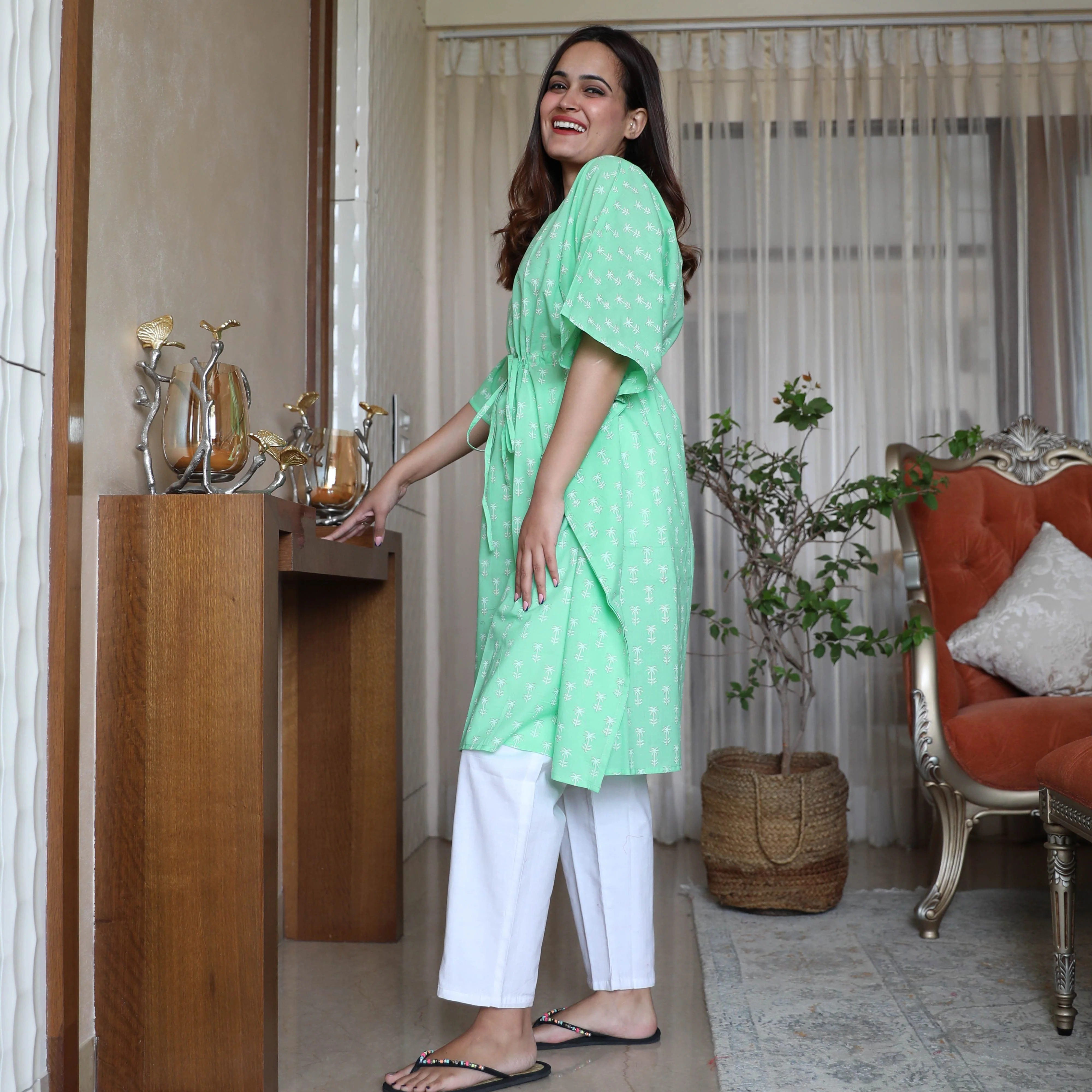 White Green Kaftan Set (set of 2) - Woolfily