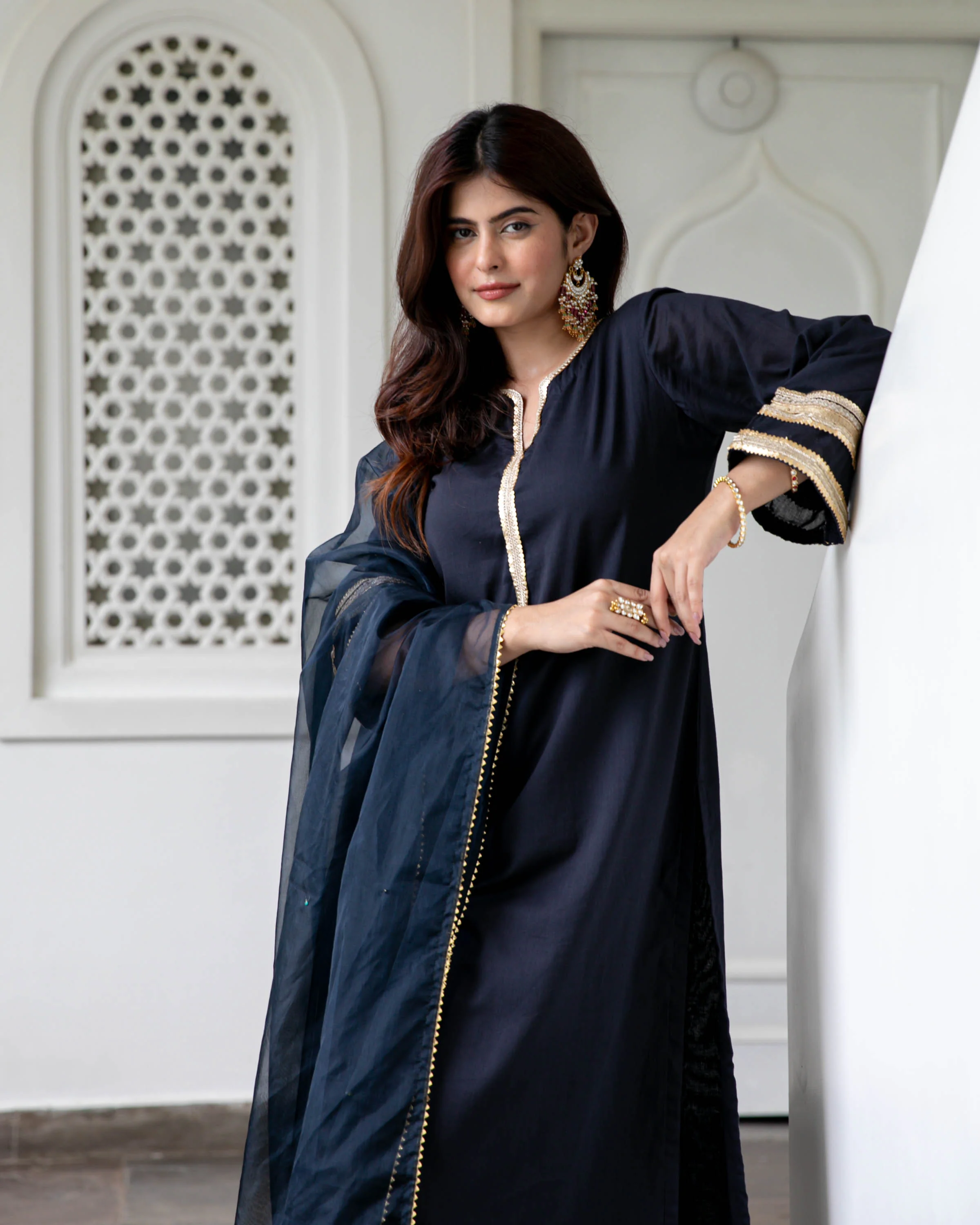 Black Cotton Suit Set with Organza Dupatta - Woolfily