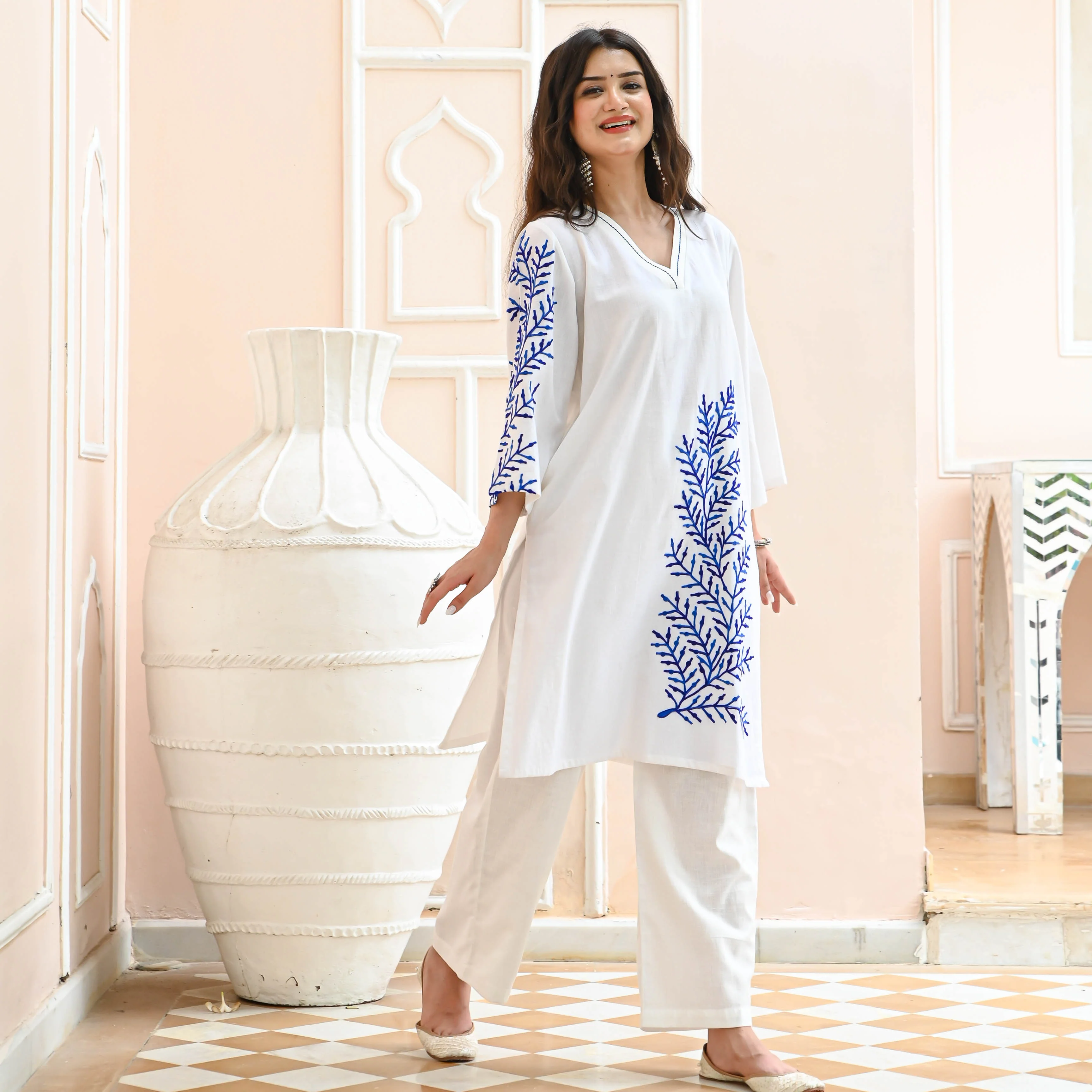 Bunaai White Blue Embroidered Co-ord Set - Woolfily