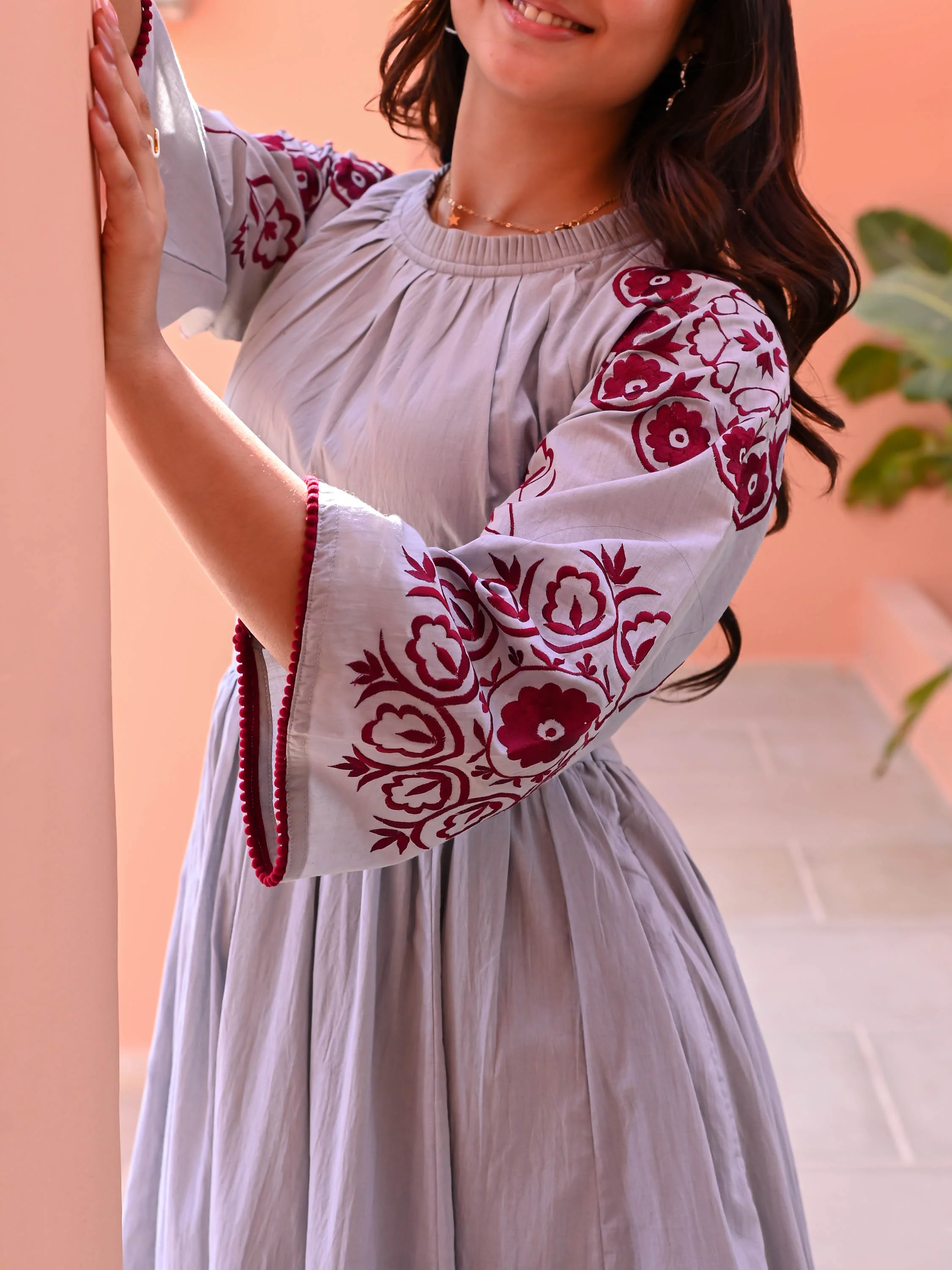 Grey Maroon Embroidered Cotton Dress - Woolfily