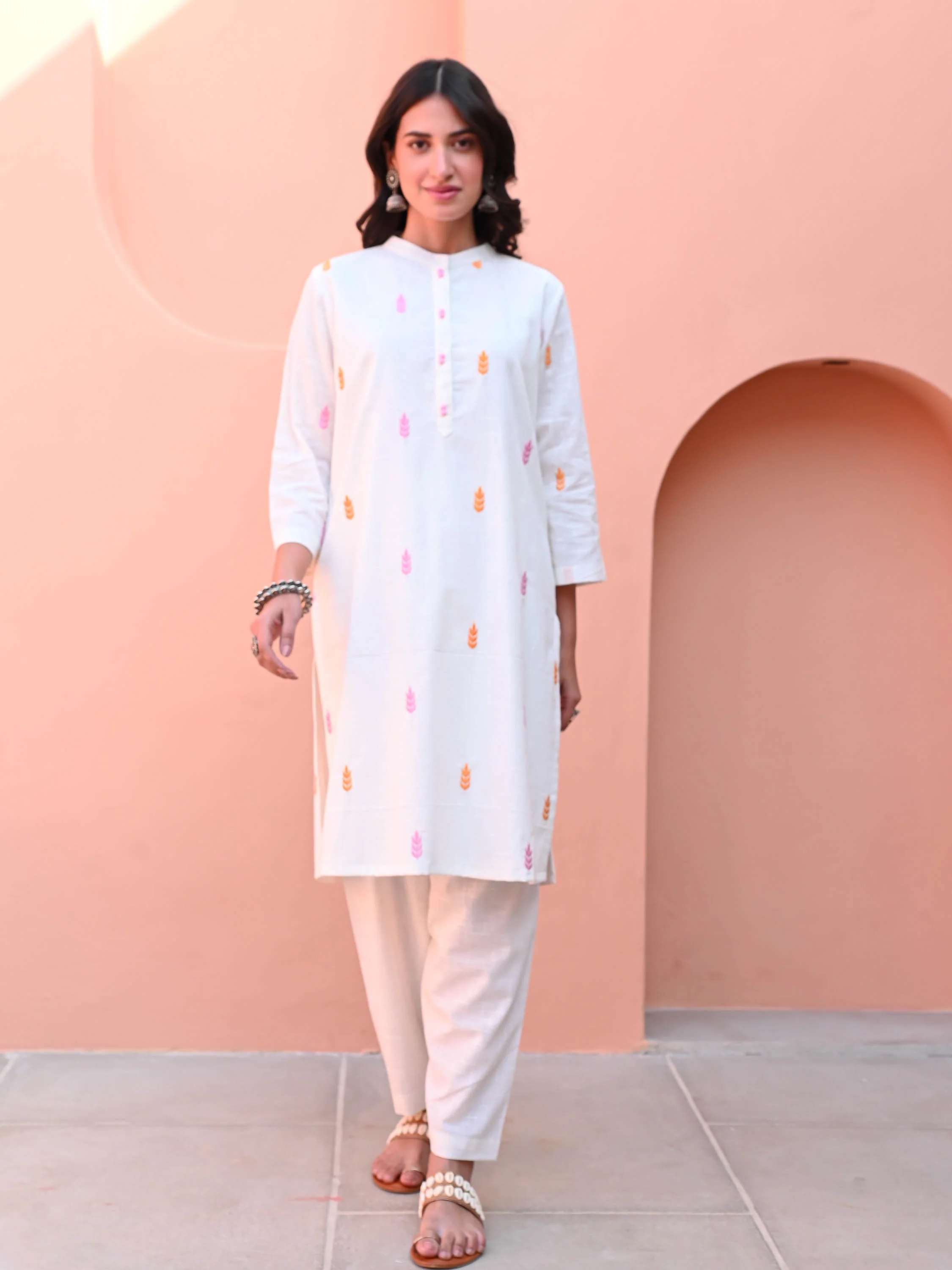White Motif Embroidery Kurta Set - Woolfily