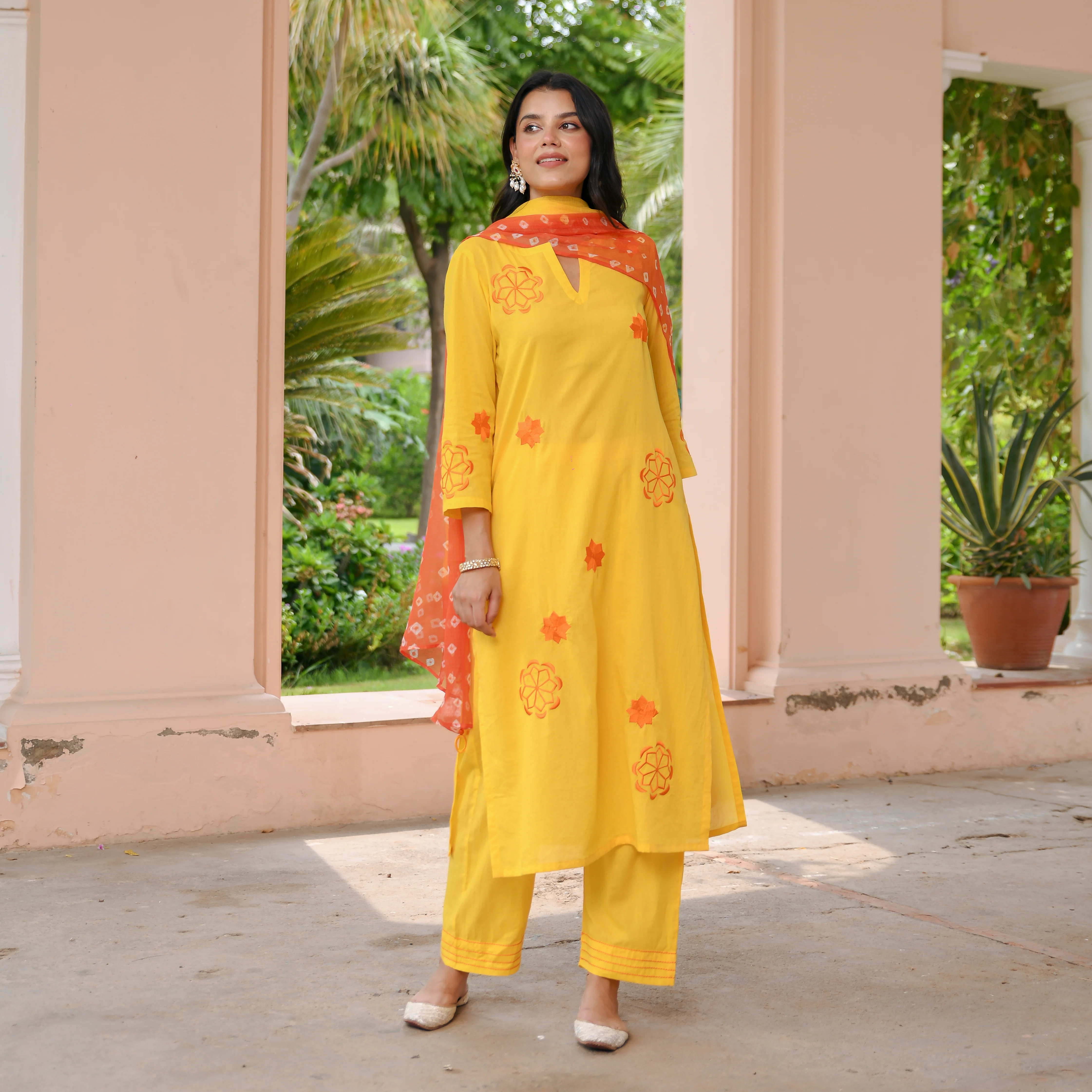 Yellow Bandhej Cotton Suit Set - Woolfily