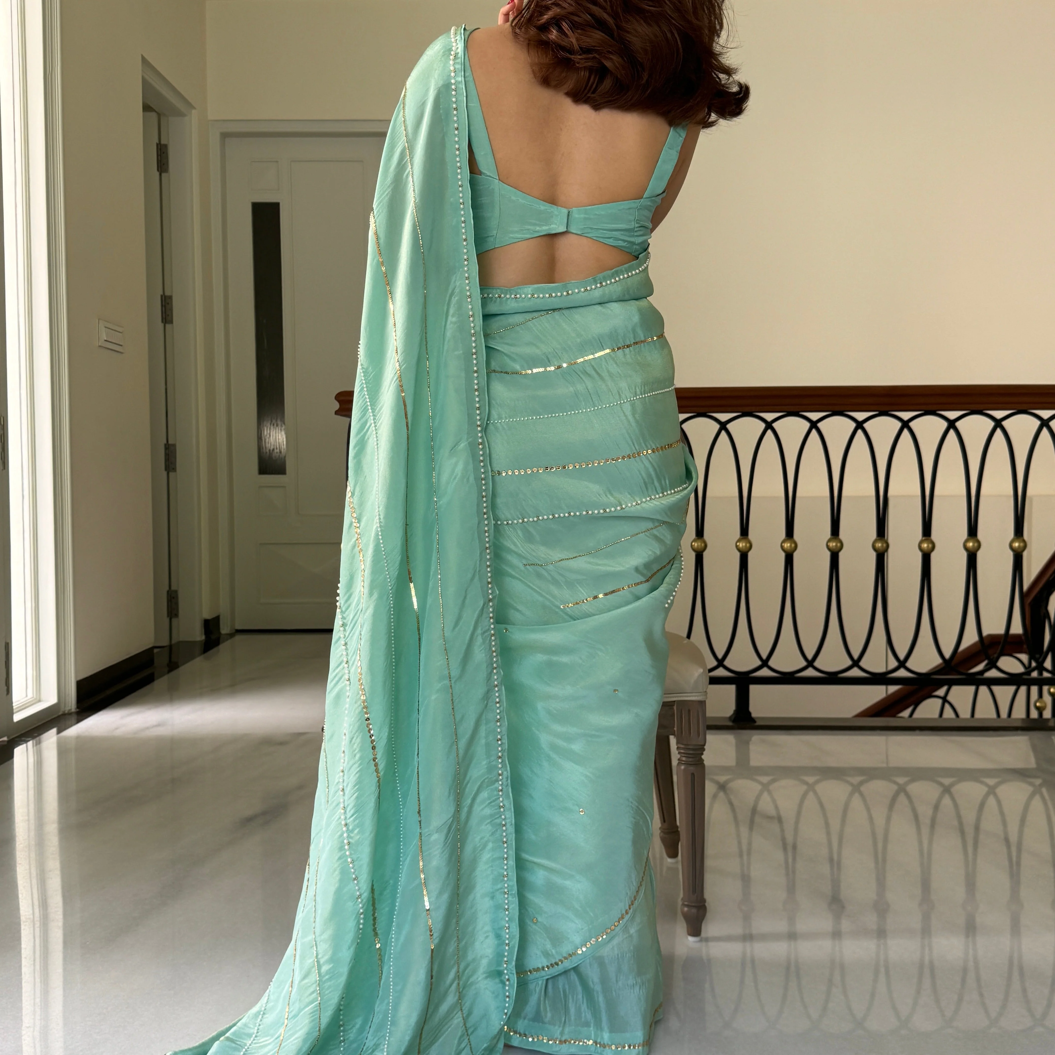 SkyBlue Embroidered Tissue Sare - Woolfily