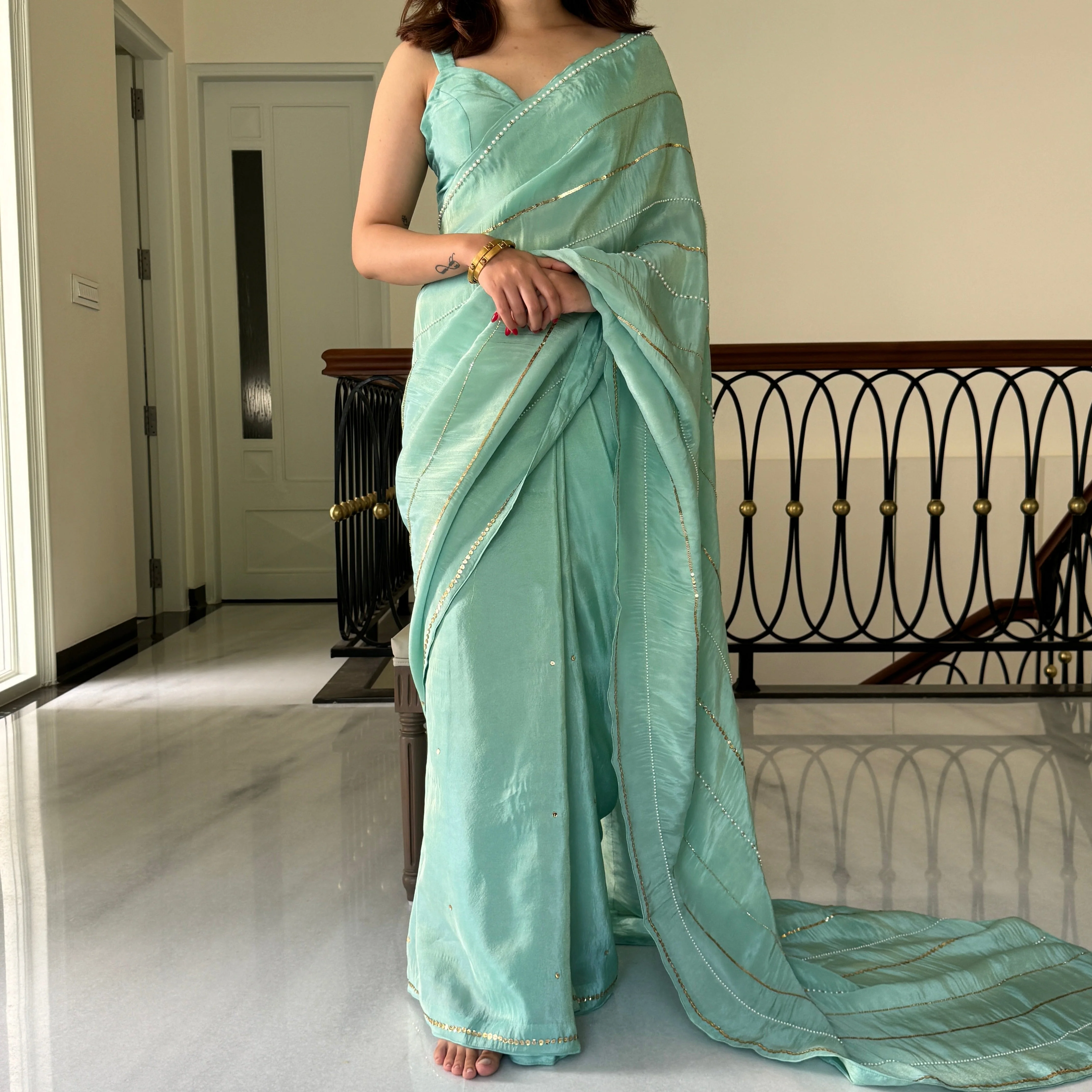 SkyBlue Embroidered Tissue Sare - Woolfily