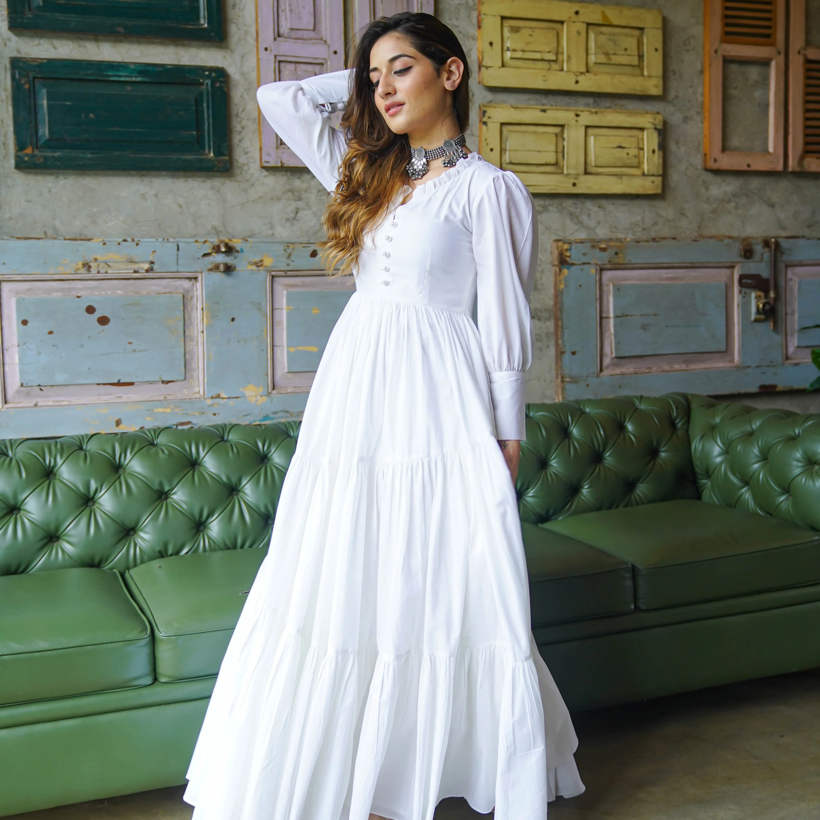 Bunaai Pure White Cotton Maxi Dress - Woolfily
