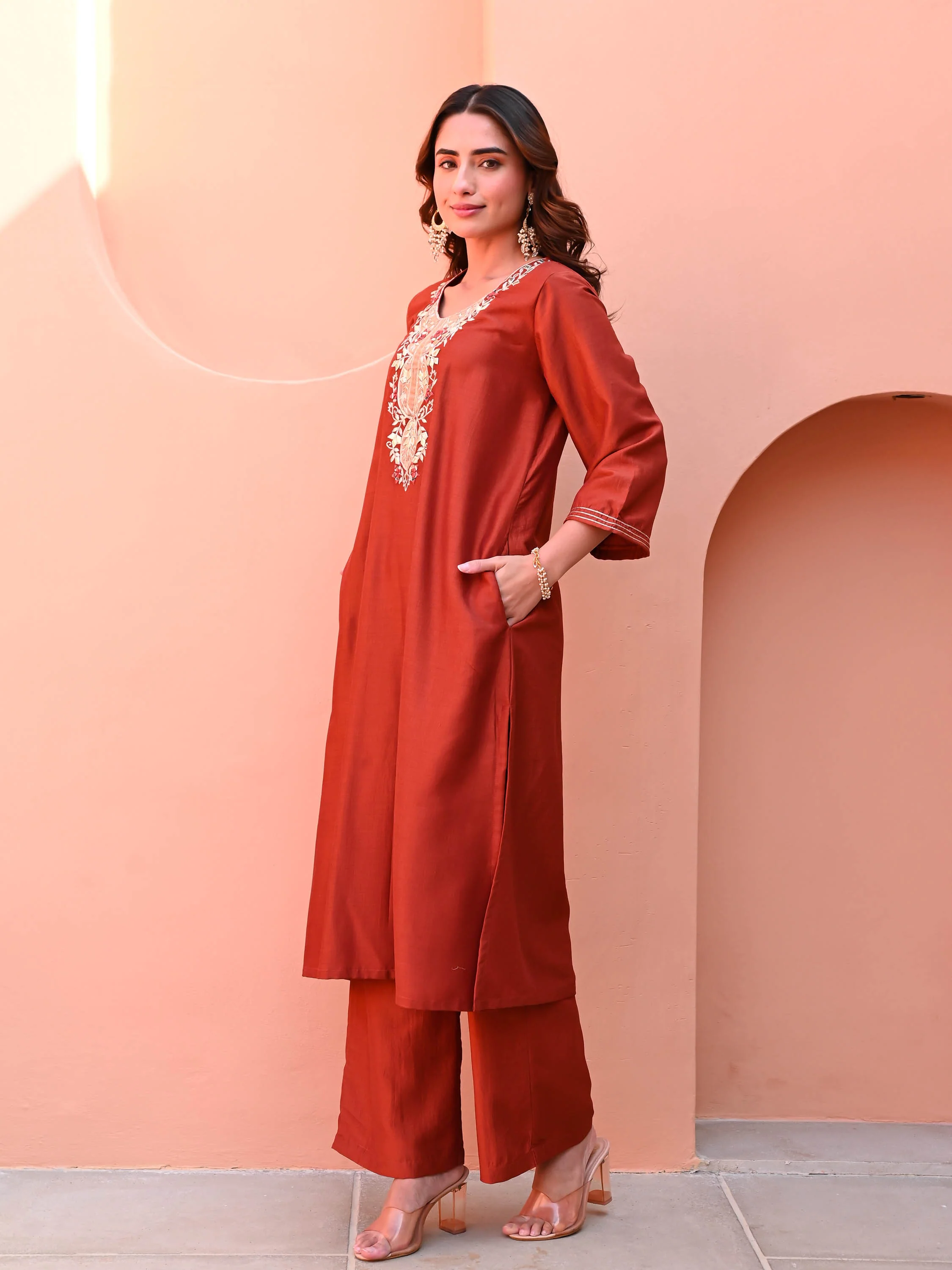 Burnt Orange Silk Kurta Set - Woolfily