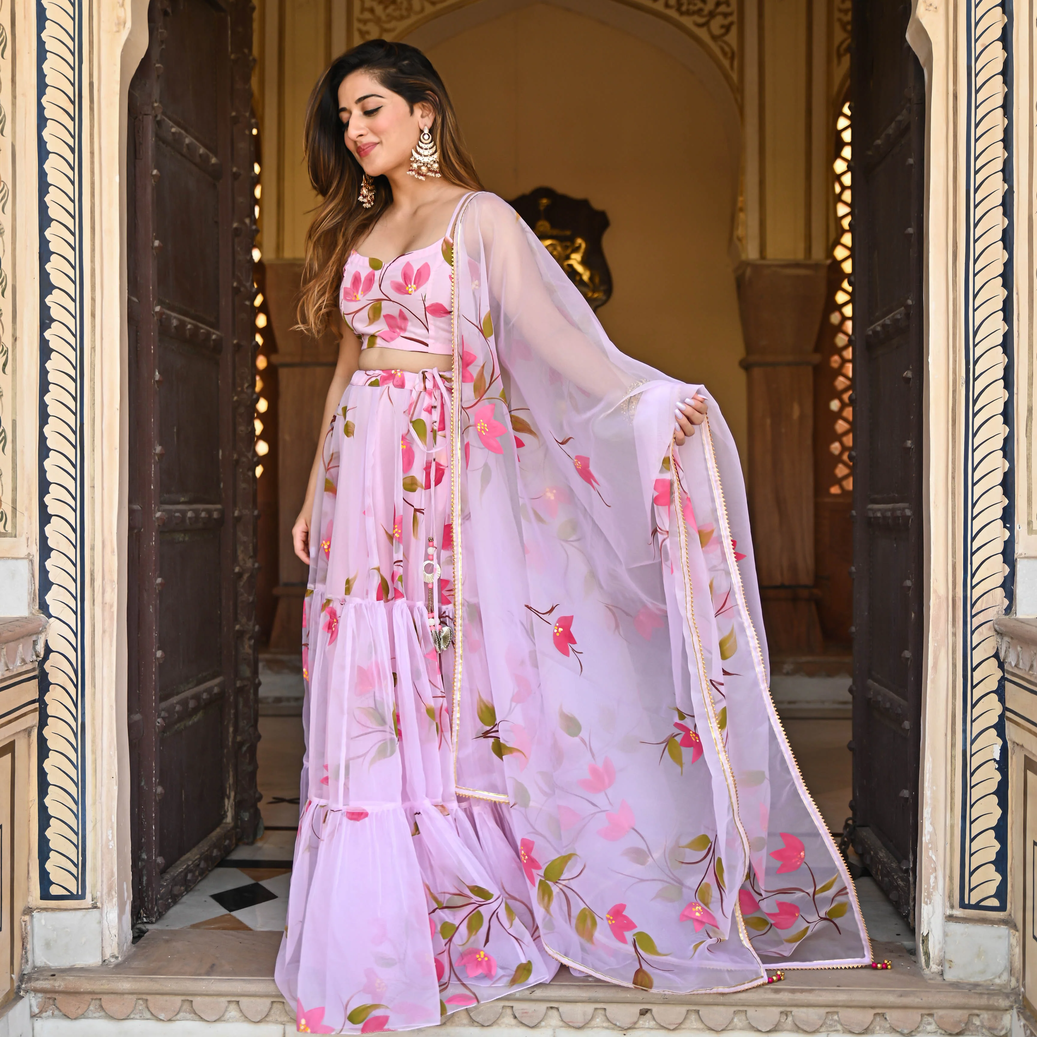 Bunaai Baby Pink Handpainted Lehenga Set - Woolfily