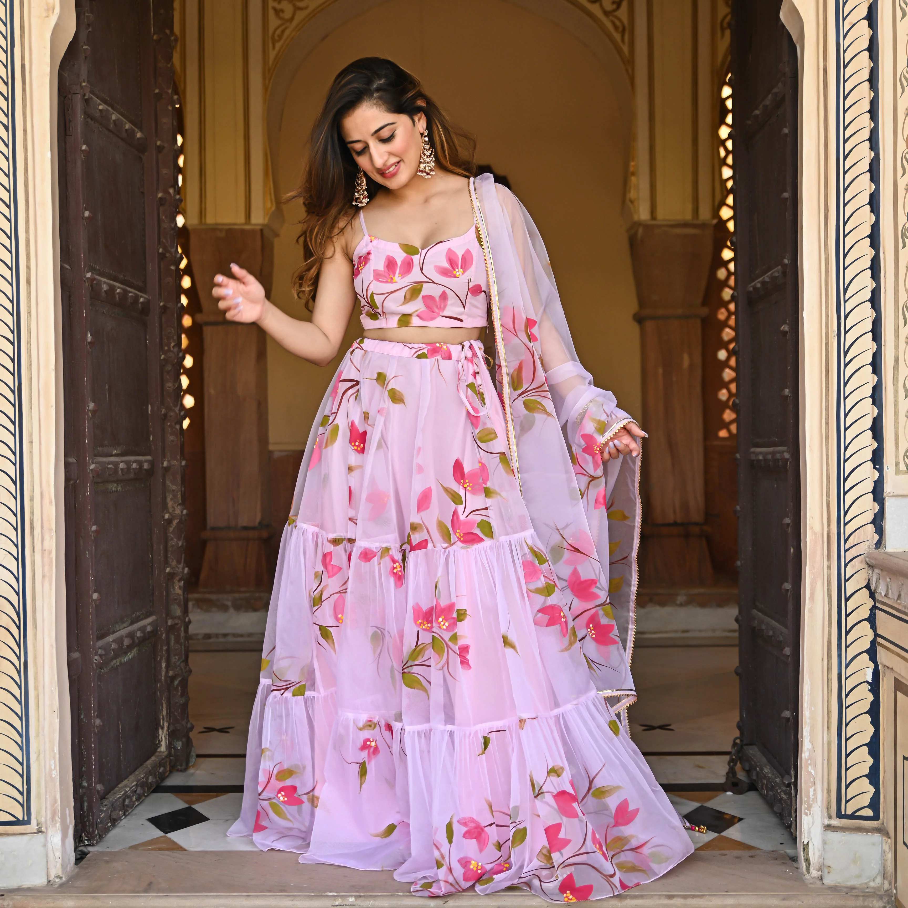 Bunaai Baby Pink Handpainted Lehenga Set - Woolfily
