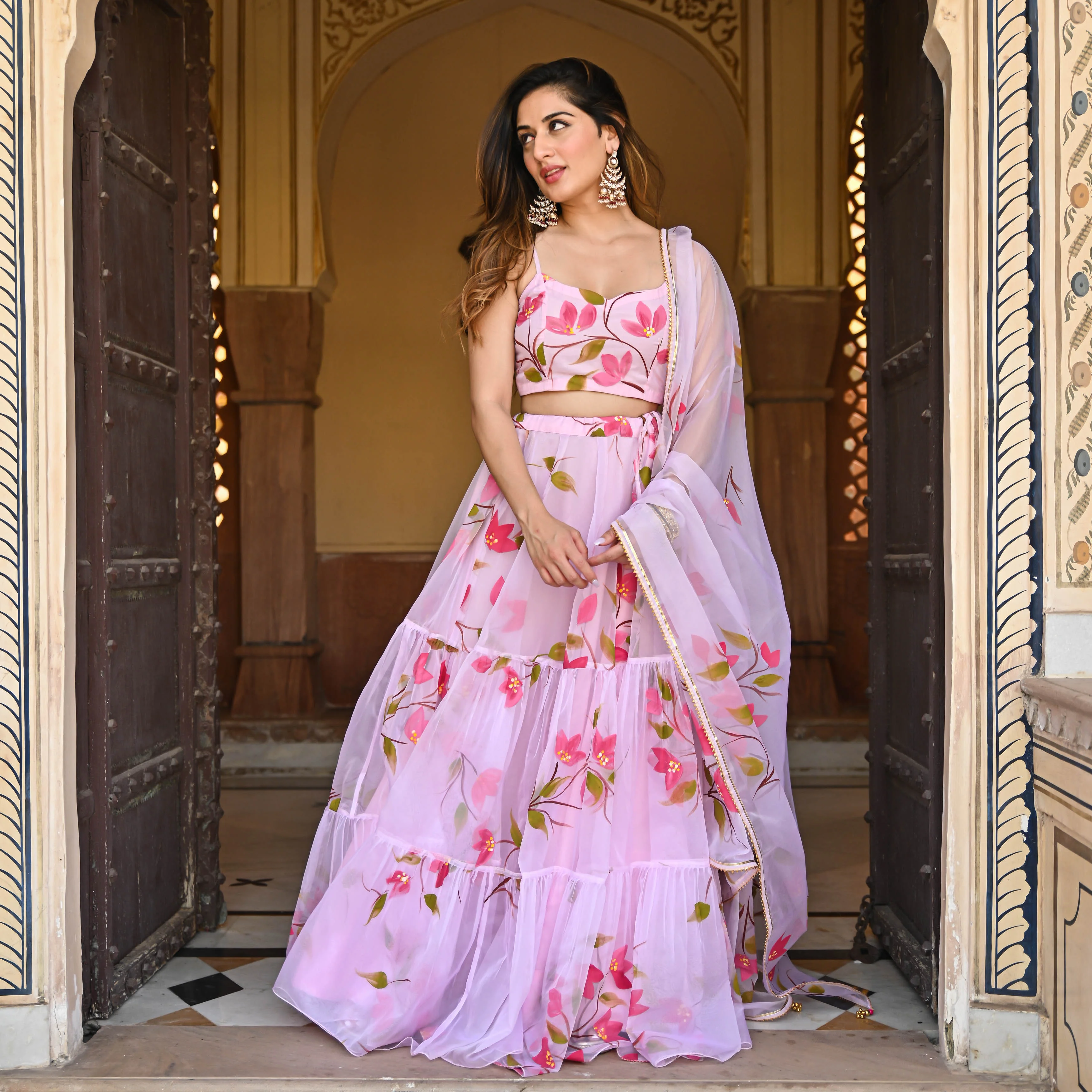 Bunaai Baby Pink Handpainted Lehenga Set - Woolfily