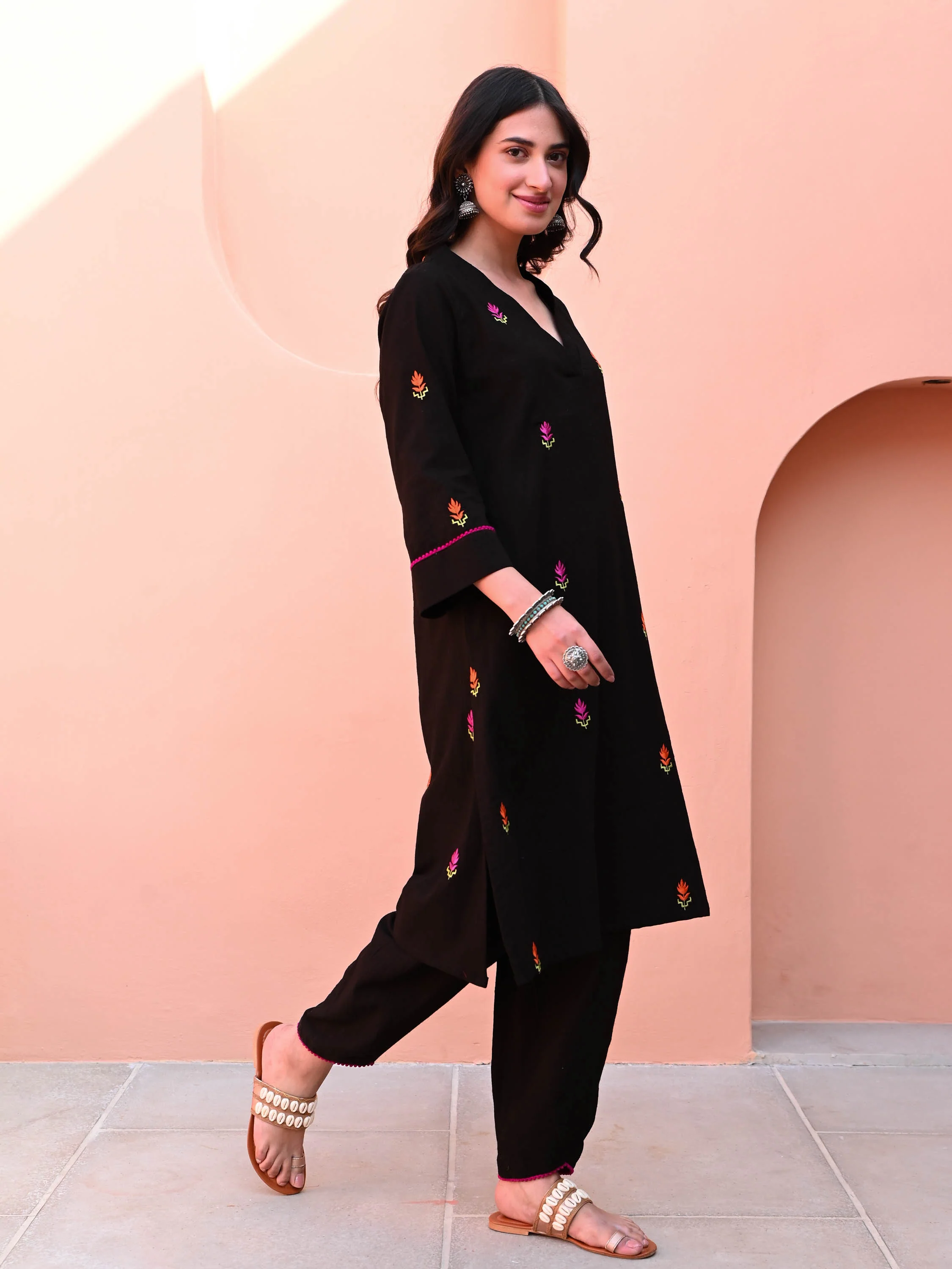 Black Embroidered Cotton Co-ord Set - Woolfily