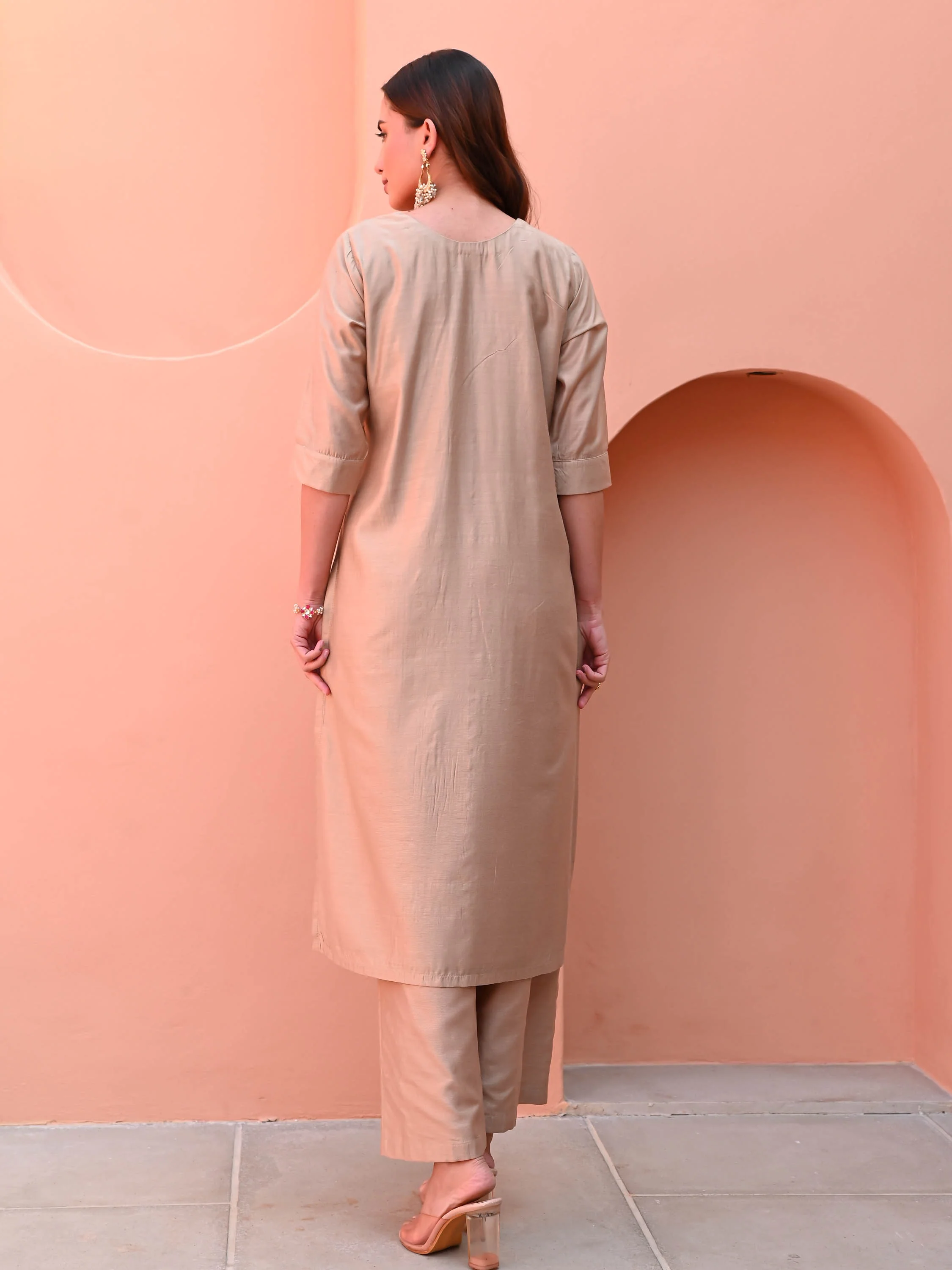 Beige Silk Kurta Set - Woolfily