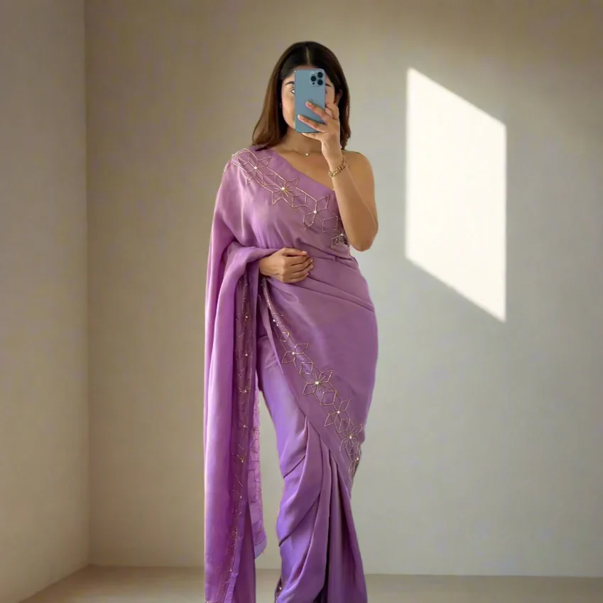 Starry Violet Tissue Saree - Woolfily