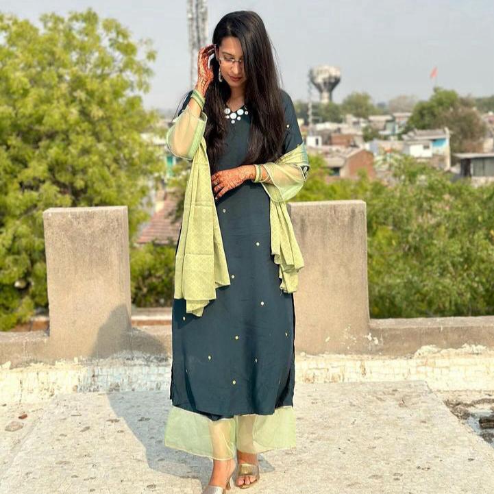 Deep Green Mirror Work Kurta Set - Woolfily
