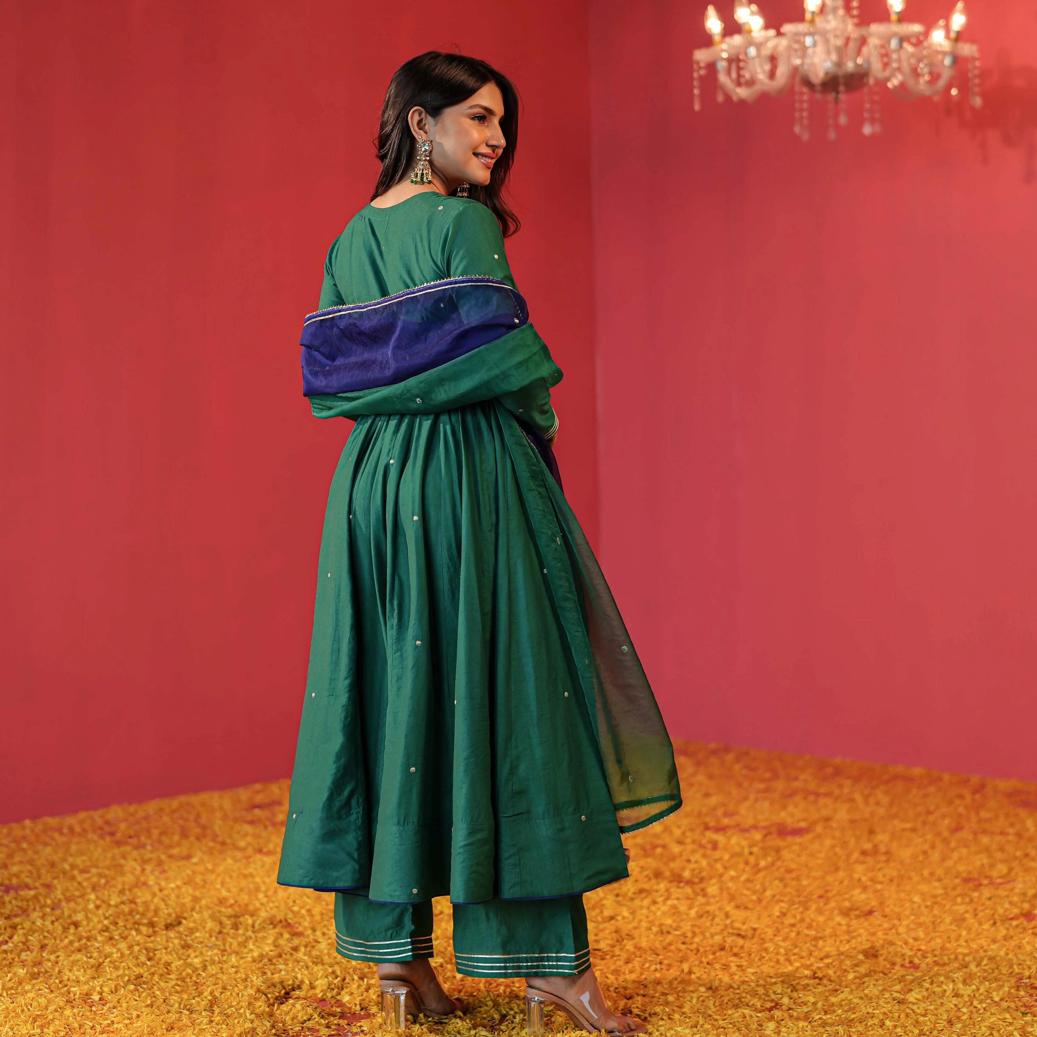 Green Chanderi Suit with Organza Dupatta - Woolfily