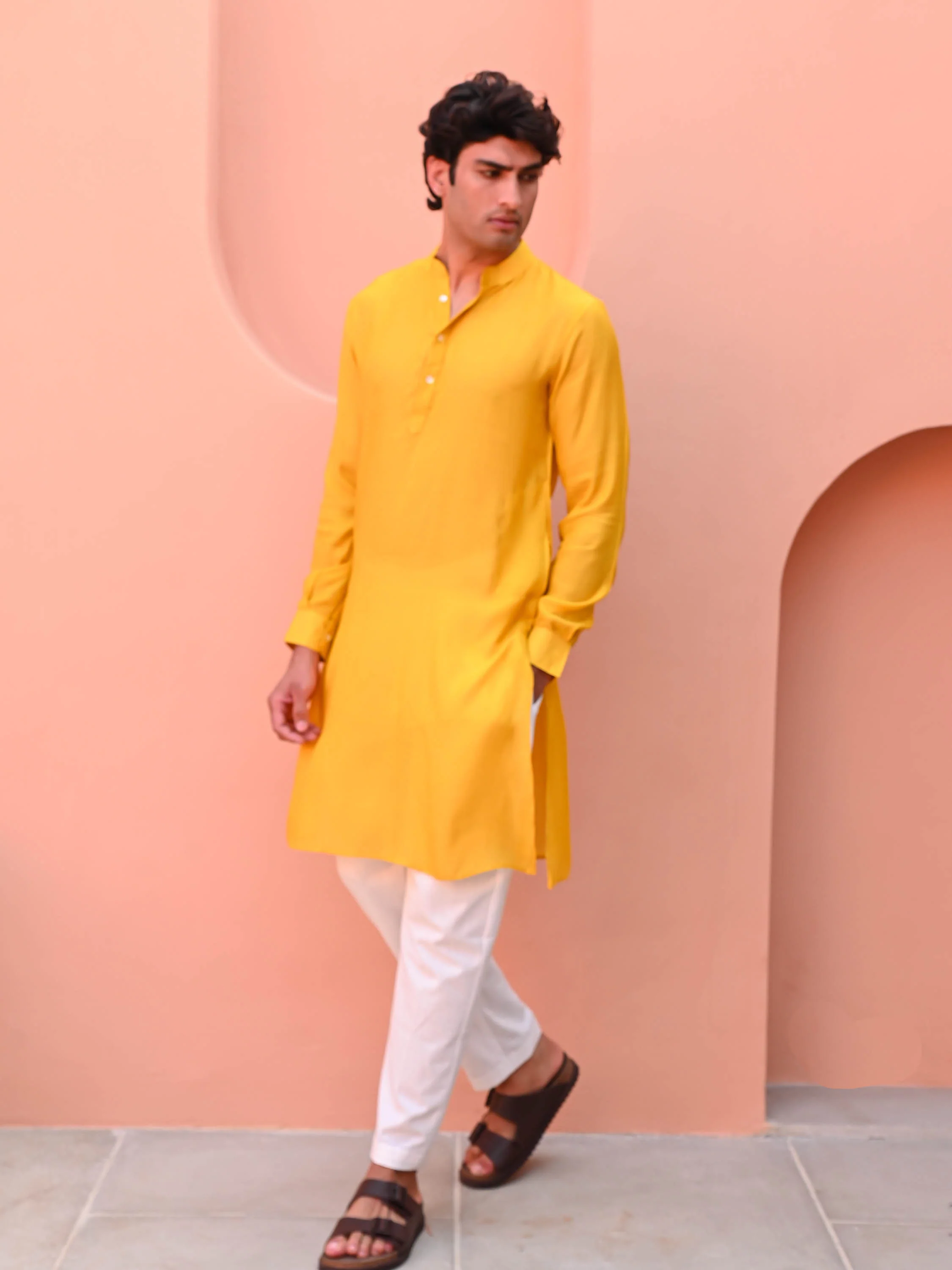 Bright Yellow Men Long Kurta - Woolfily