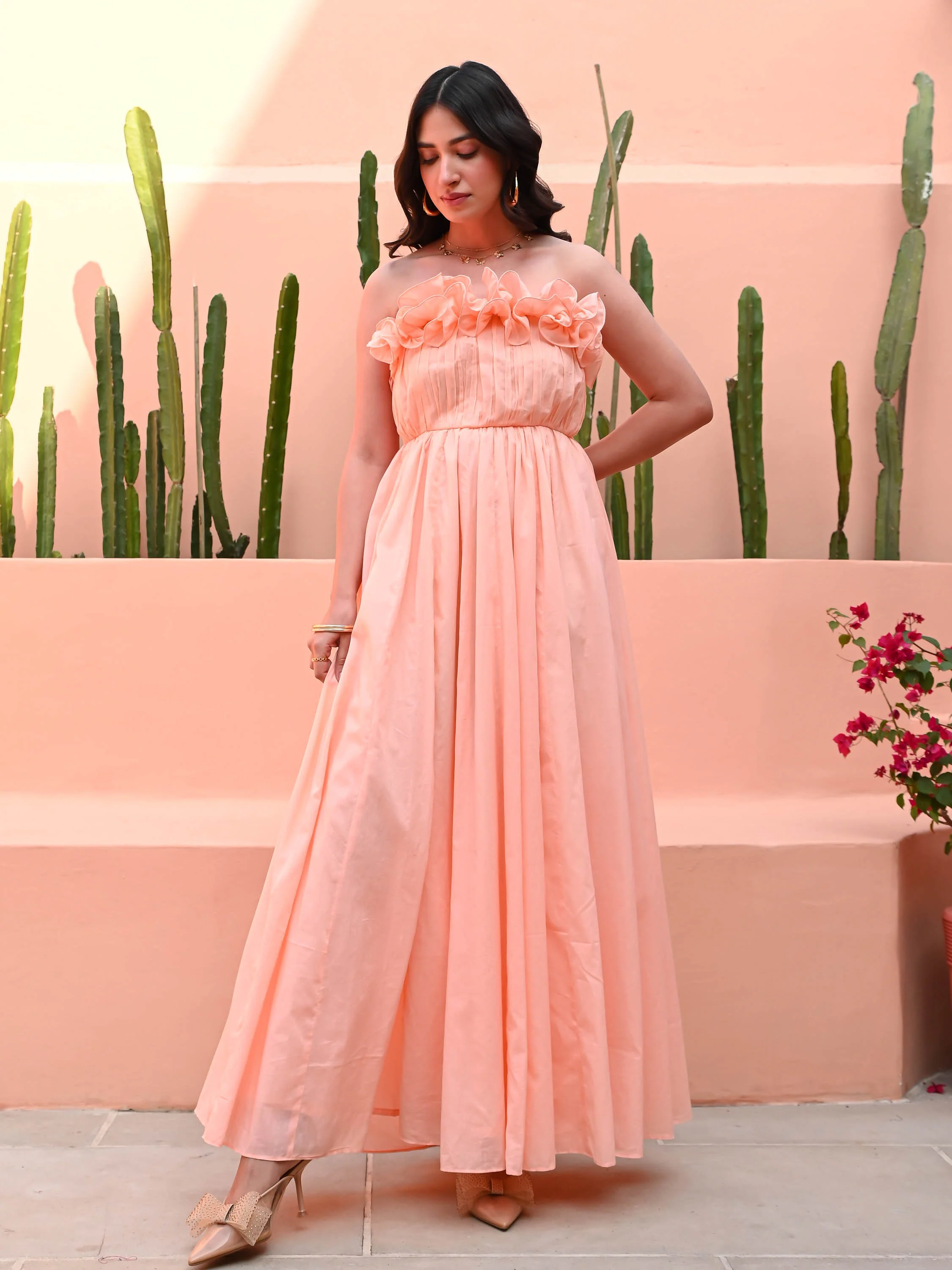 Peach Ruffles Cotton Dress - Woolfily