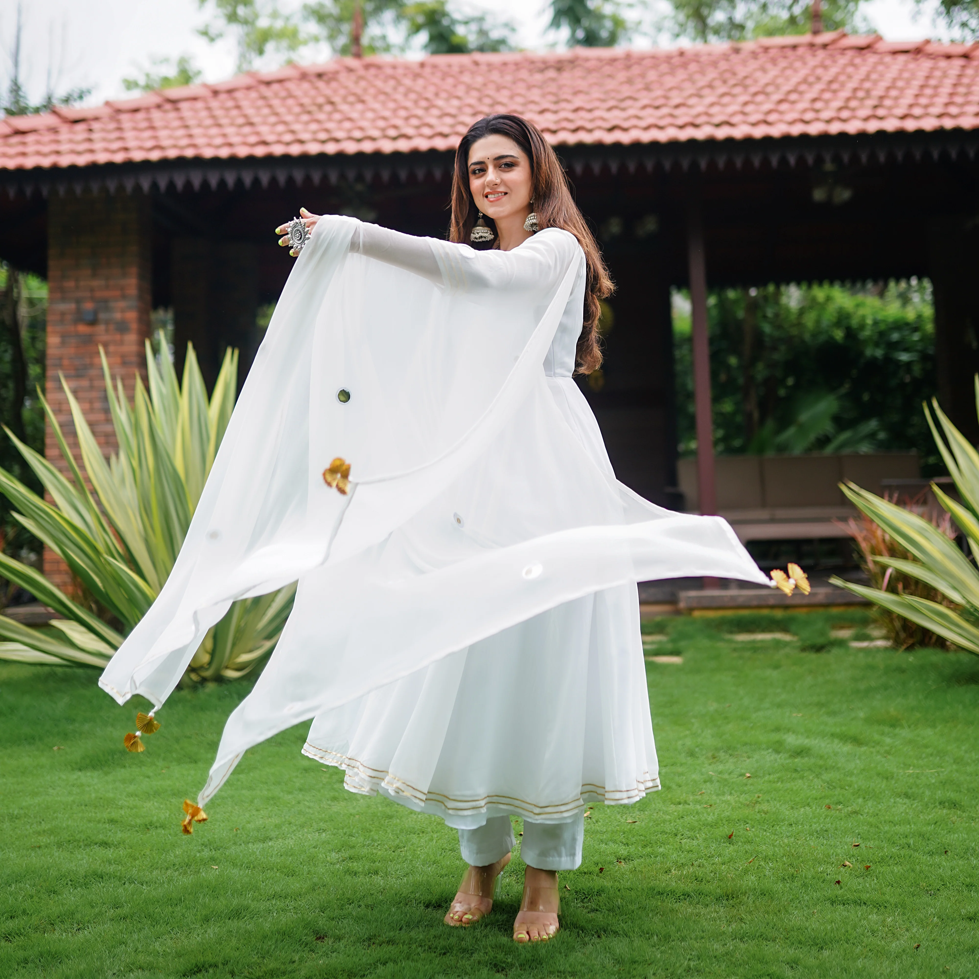 Bunaai White Anarkali And Pant With Dupatta - Woolfily
