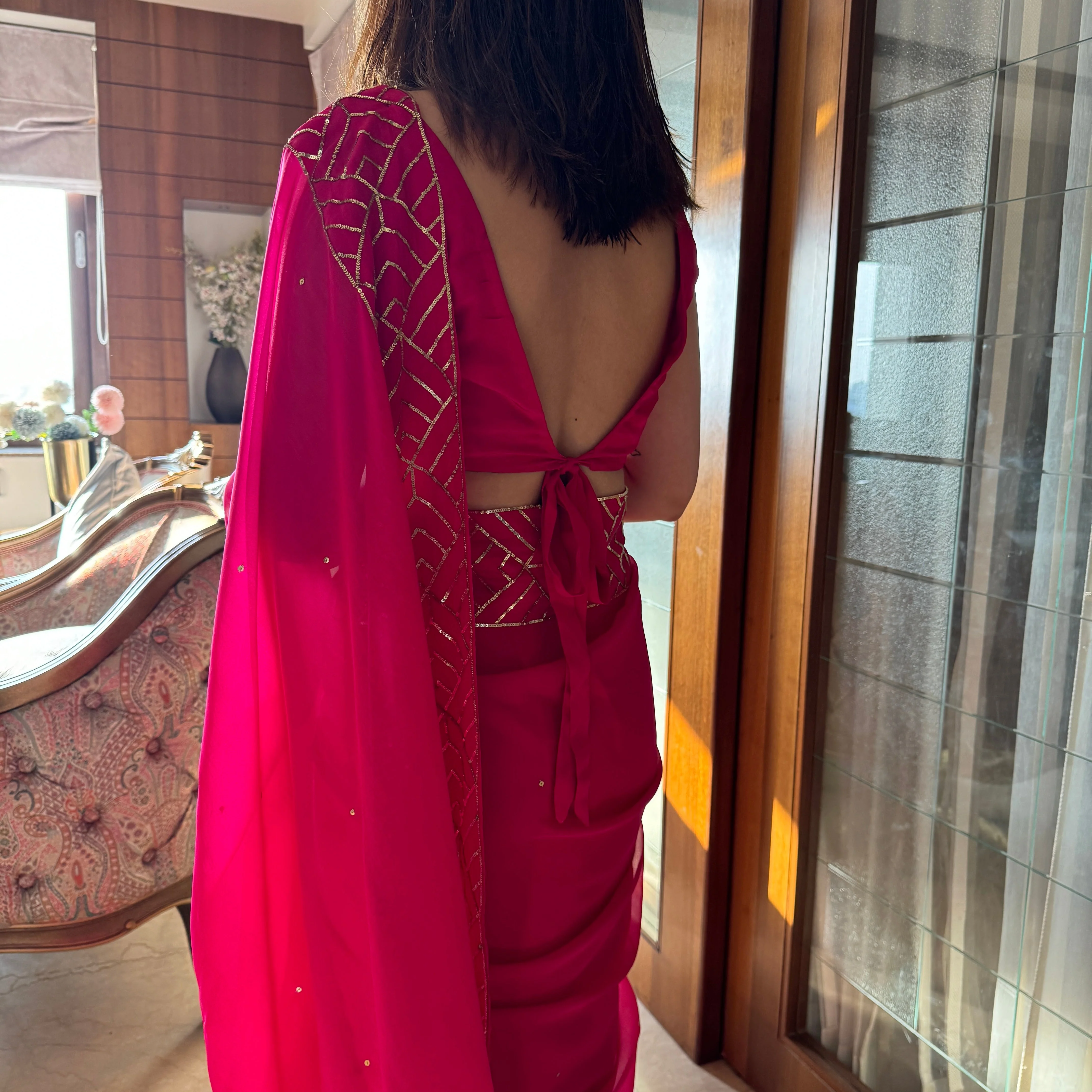 Hot Pink Organza Saree - Woolfily
