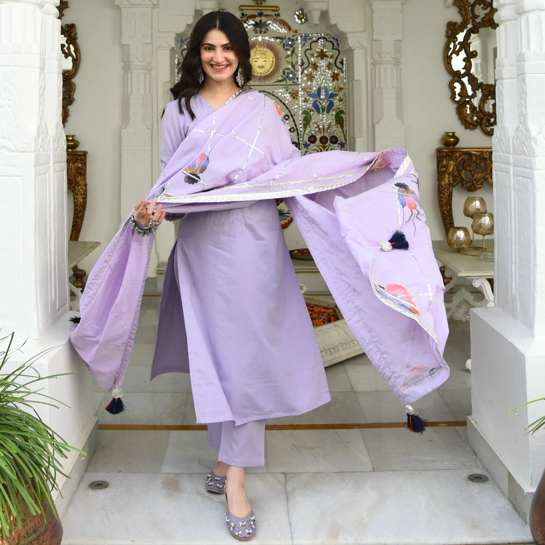 Bunaai Lilac Handpainted Dupatta Suit Set (Set of 3) - Woolfily