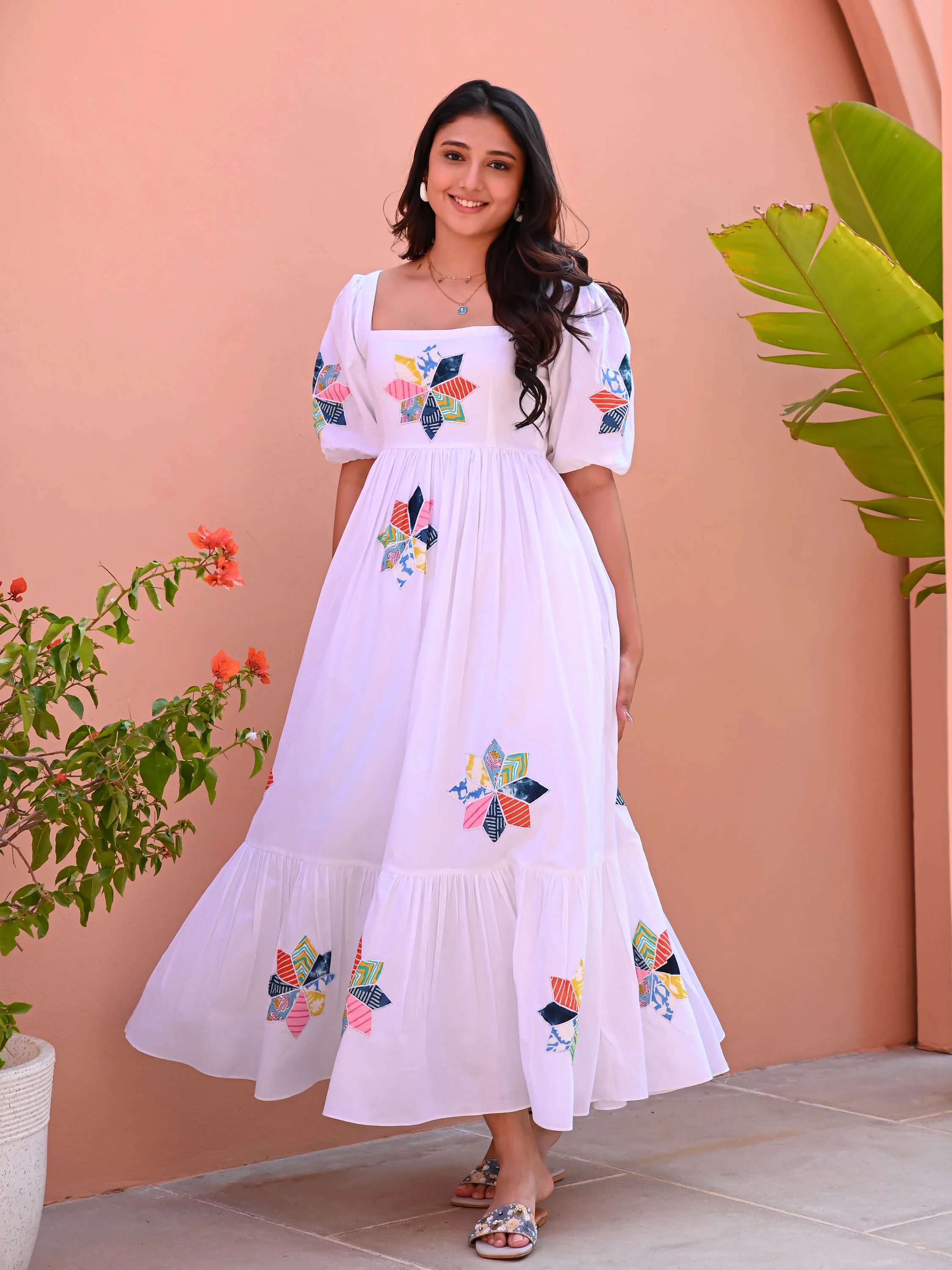 White Flower Patch Cotton Dress - Woolfily