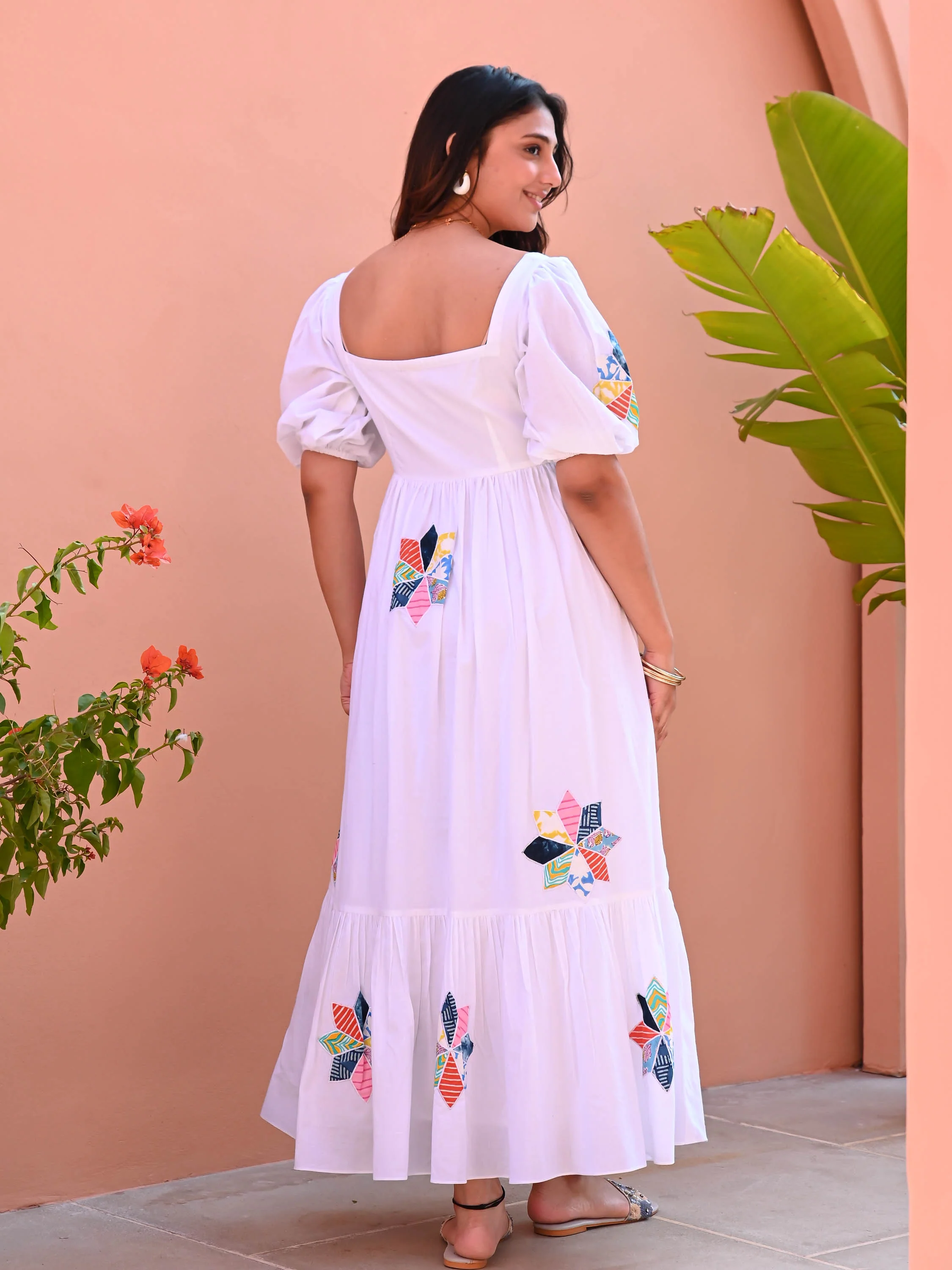 White Flower Patch Cotton Dress - Woolfily