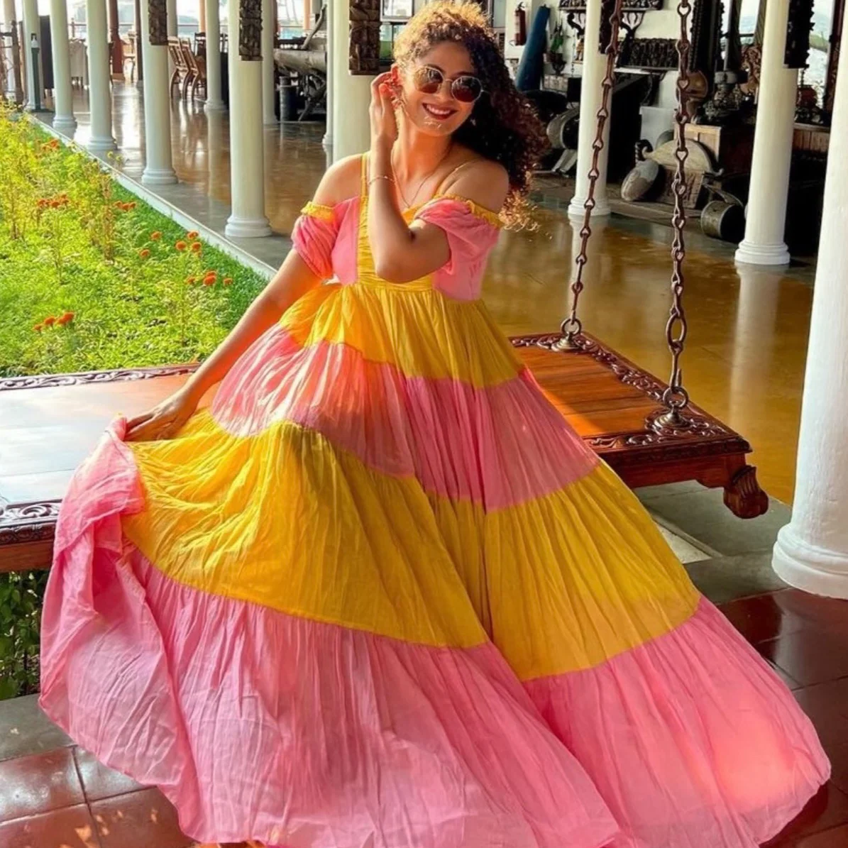 Bunaai Amelia Pink Yellow Maxi Dress - Woolfily